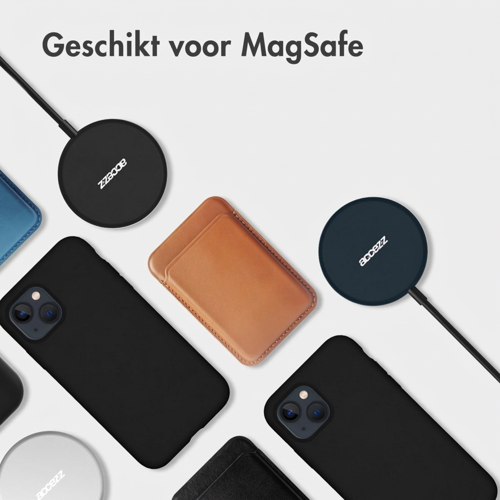 Meerdere zwarte telefoonhoesjes, bruine portemonnee, twee ronde laders op witte ondergrond.
