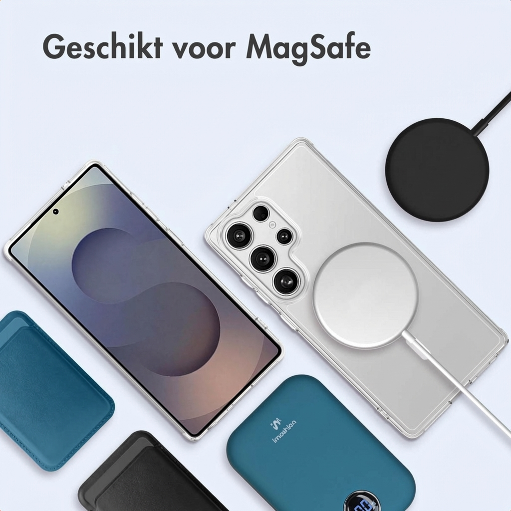 Uno smartphone con caricabatterie MagSafe e accessori su sfondo chiaro.