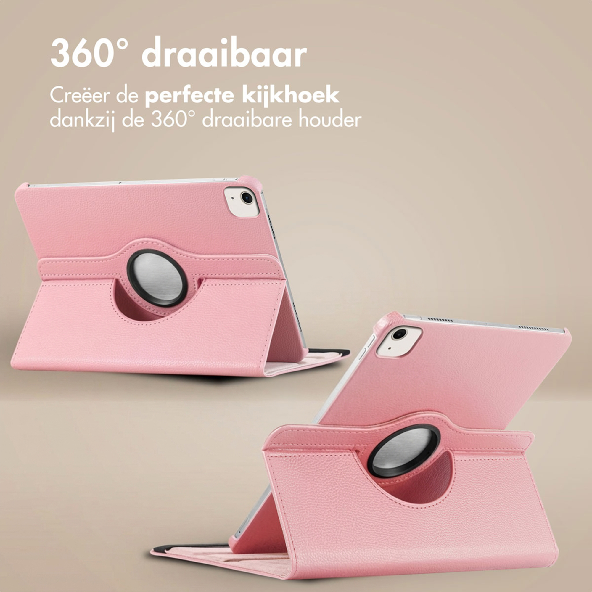 A pink tablet stand with a rotating holder shown in two views.