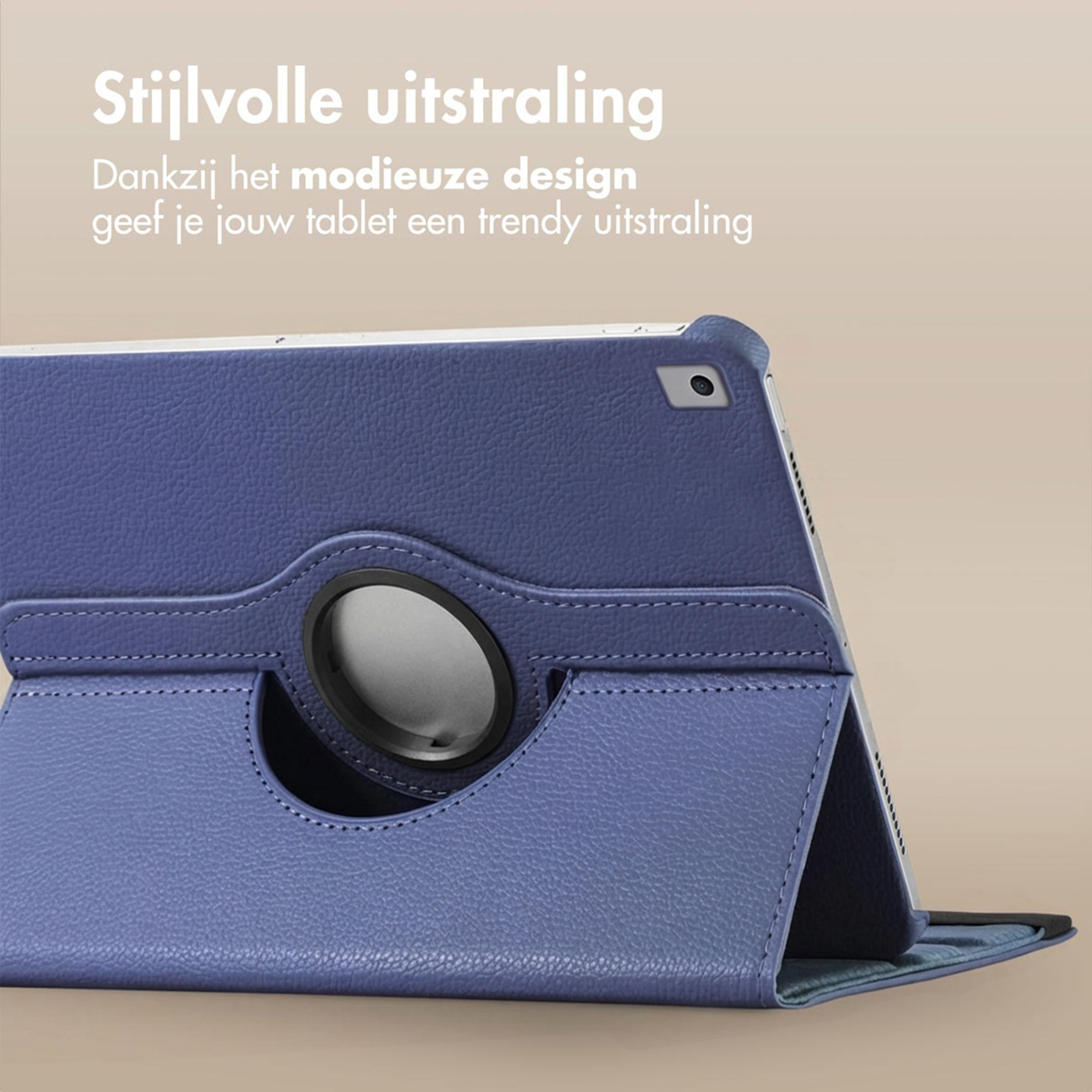 Blue leather tablet case with swivel function and camera cutout.