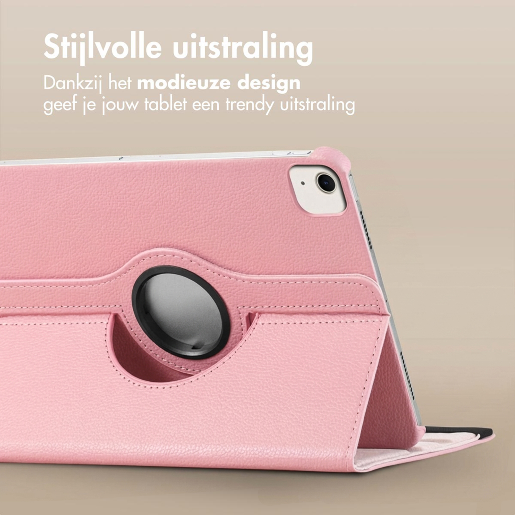 Pink tablet case with stand function and camera protection.