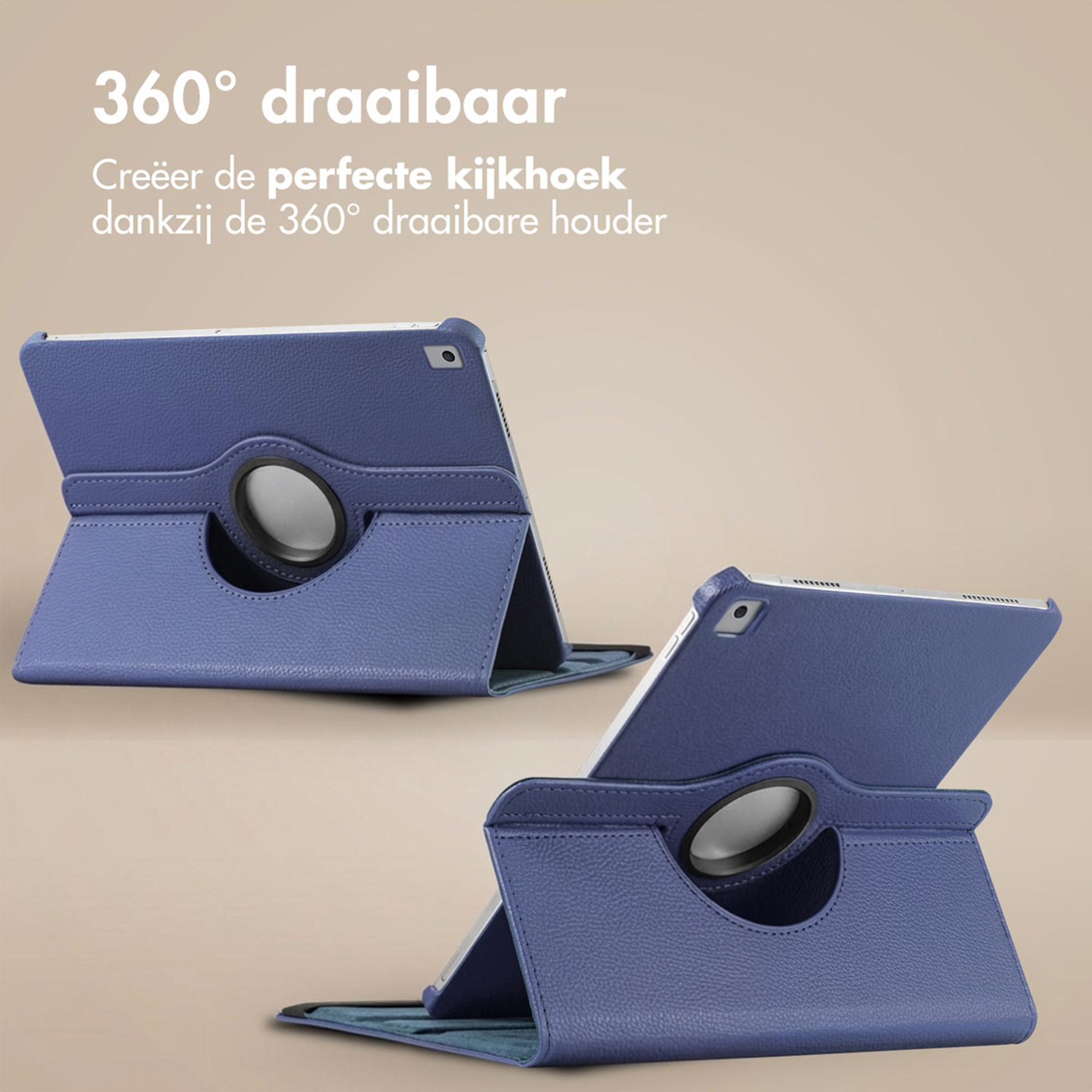 A blue tablet in a rotating case, propped up at various angles.
