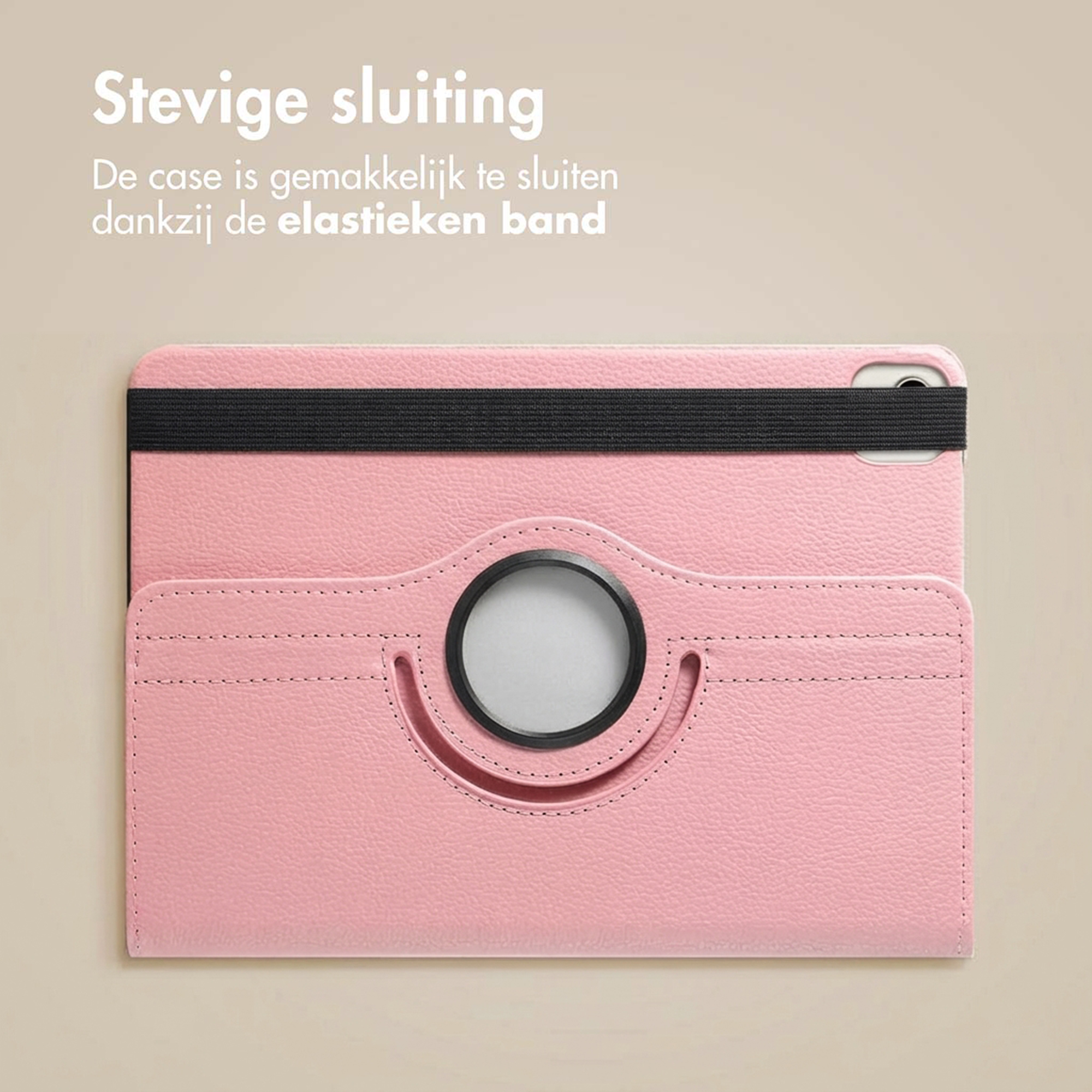A pink tablet case with a black elastic band and a round cutout.