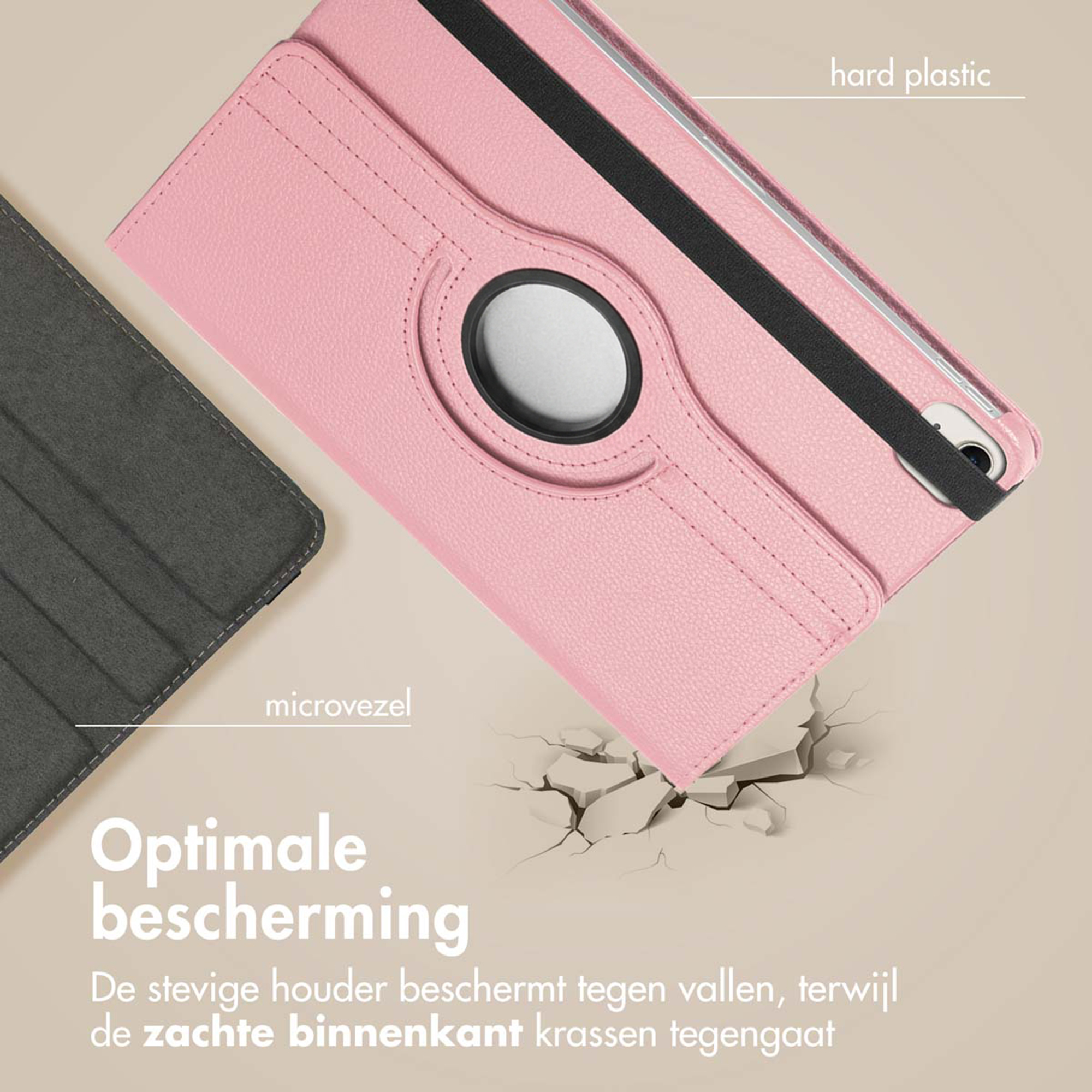 A pink tablet case with a black elastic band and dark gray material.