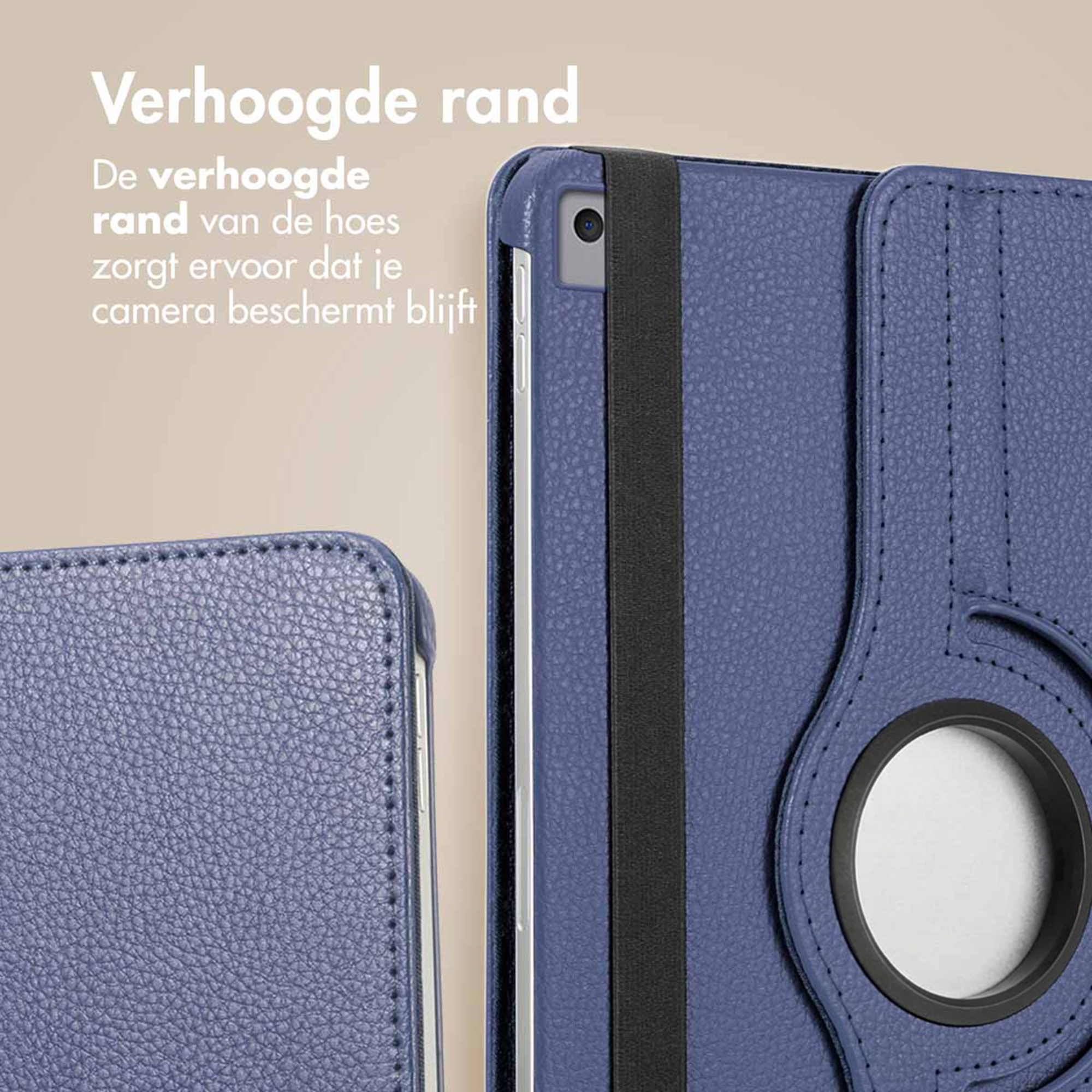 Blue tablet case with raised edge and camera opening.