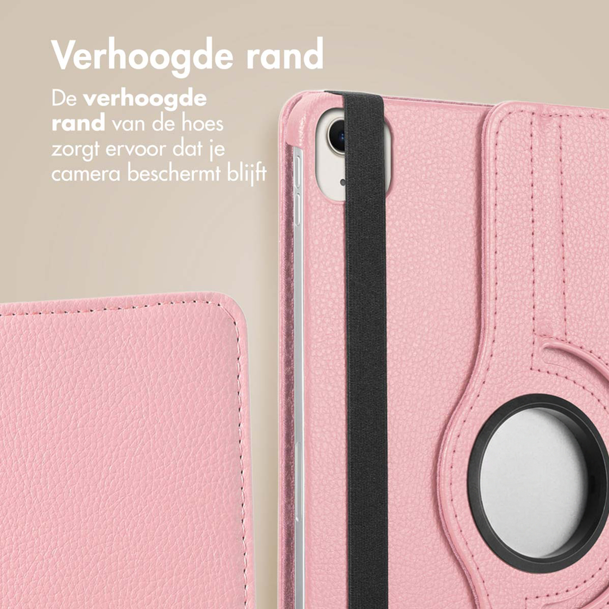 Pink tablet case with raised edge and black elastic band.