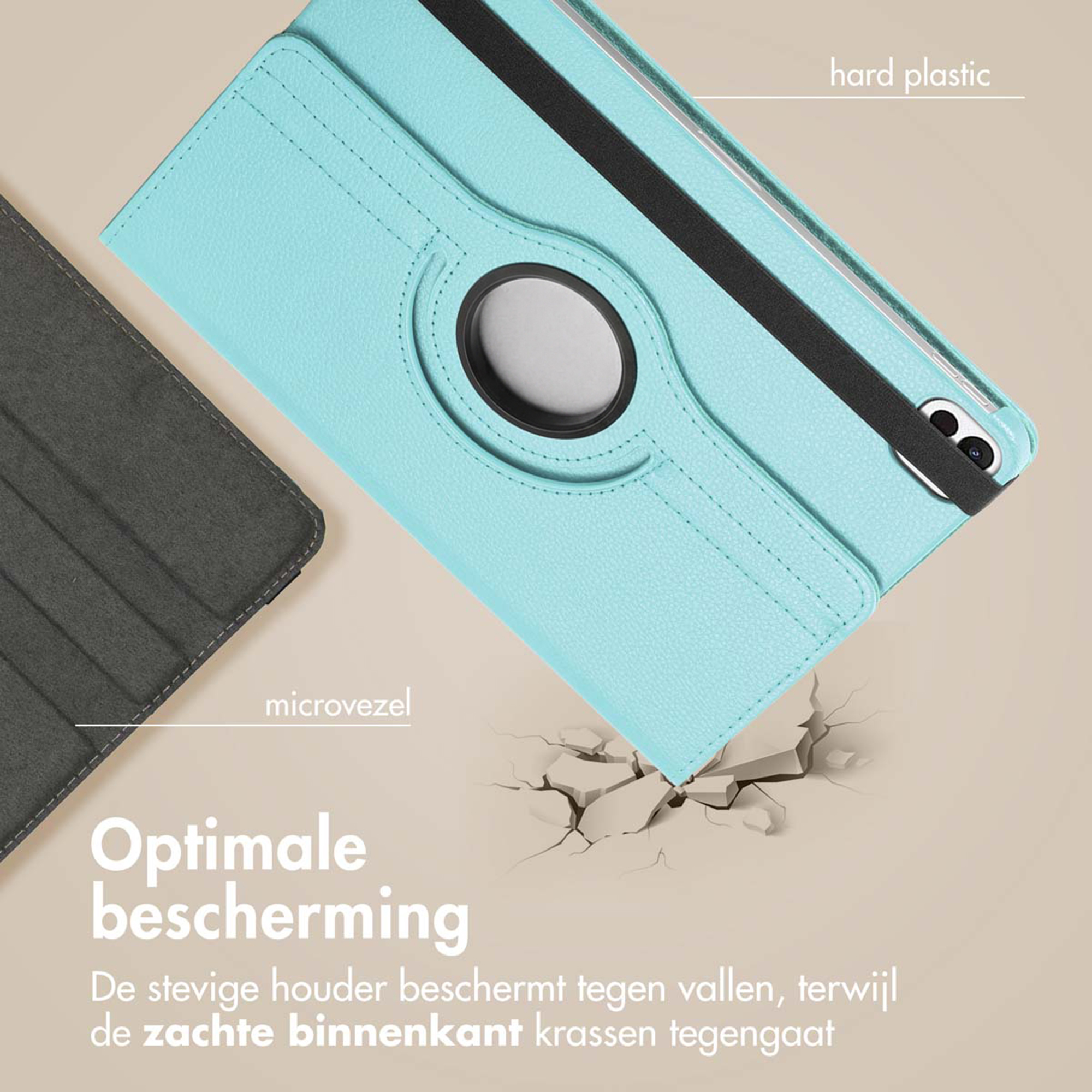Een turquoise tablethoes met een zwarte elastische band en microvezel voering.