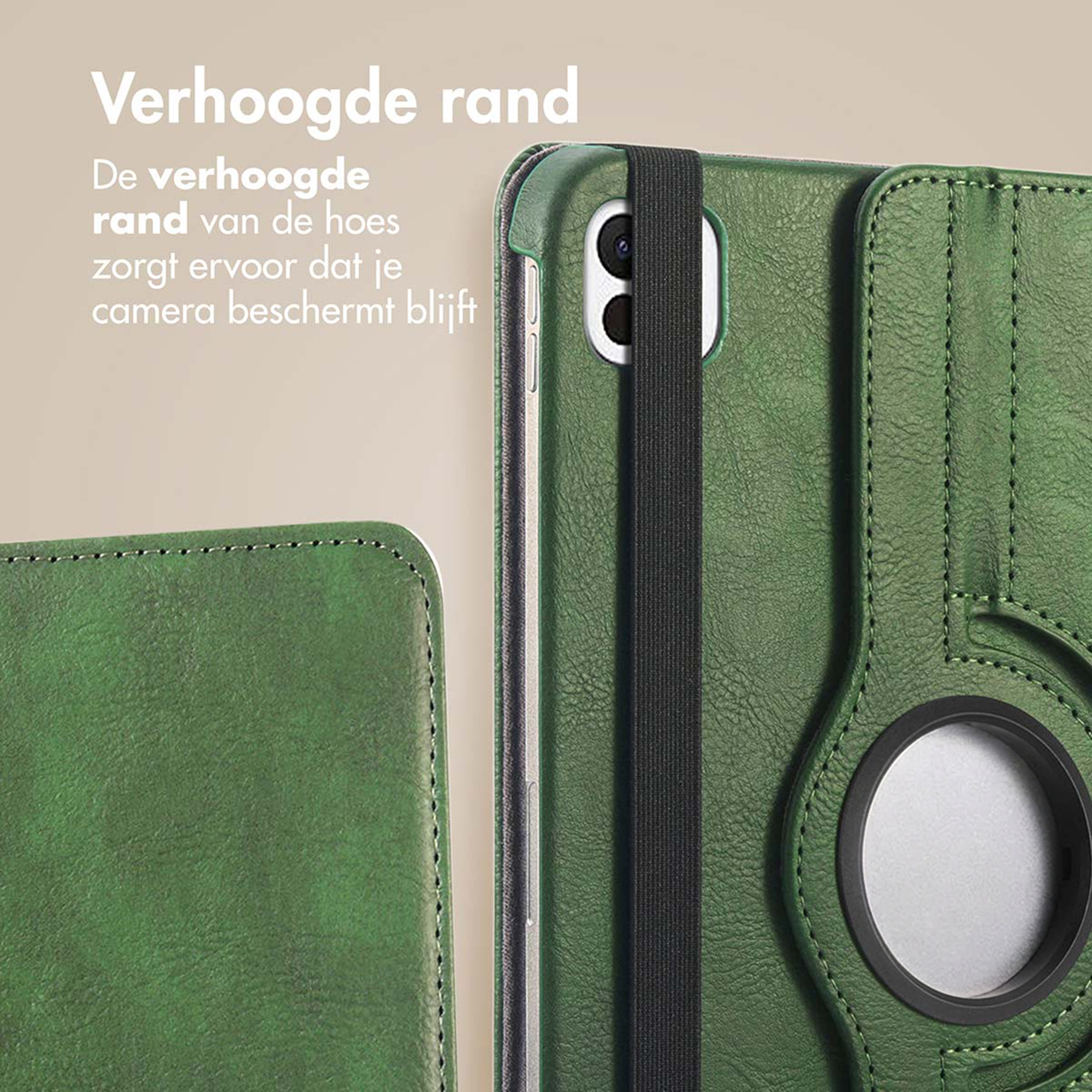 Green phone case with raised edge and black elastic band for camera protection.