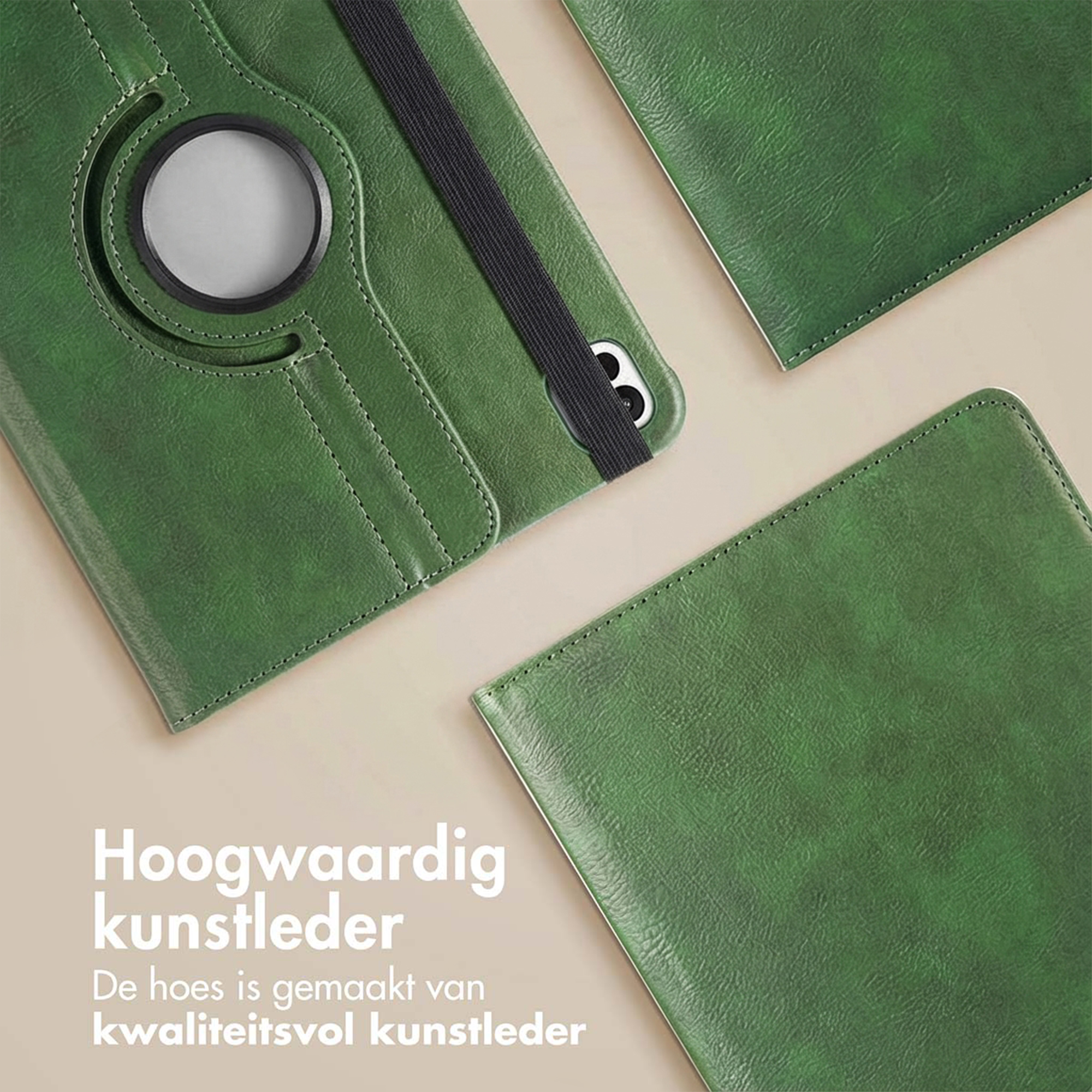 Green faux leather tablet case with camera cutout and elastic strap.