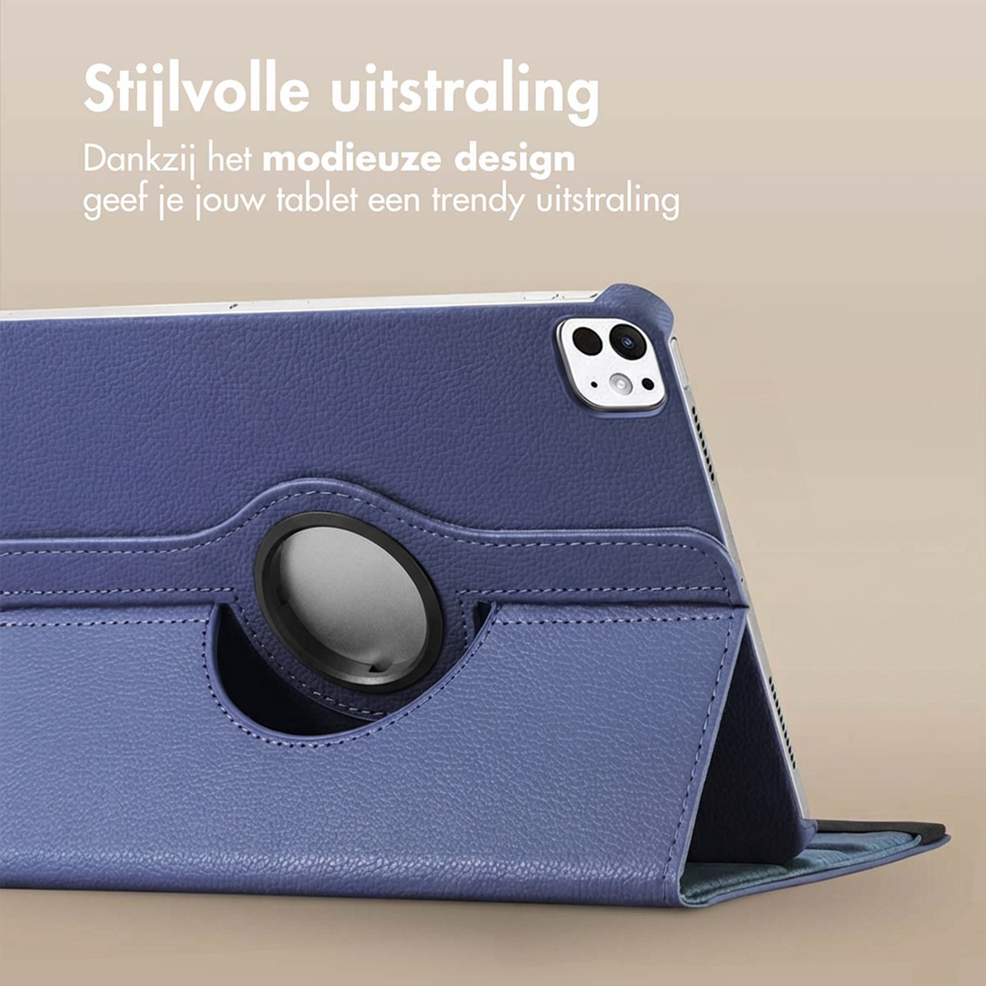 Blauw tablethoes met standaardfunctie en camerauitsparing.