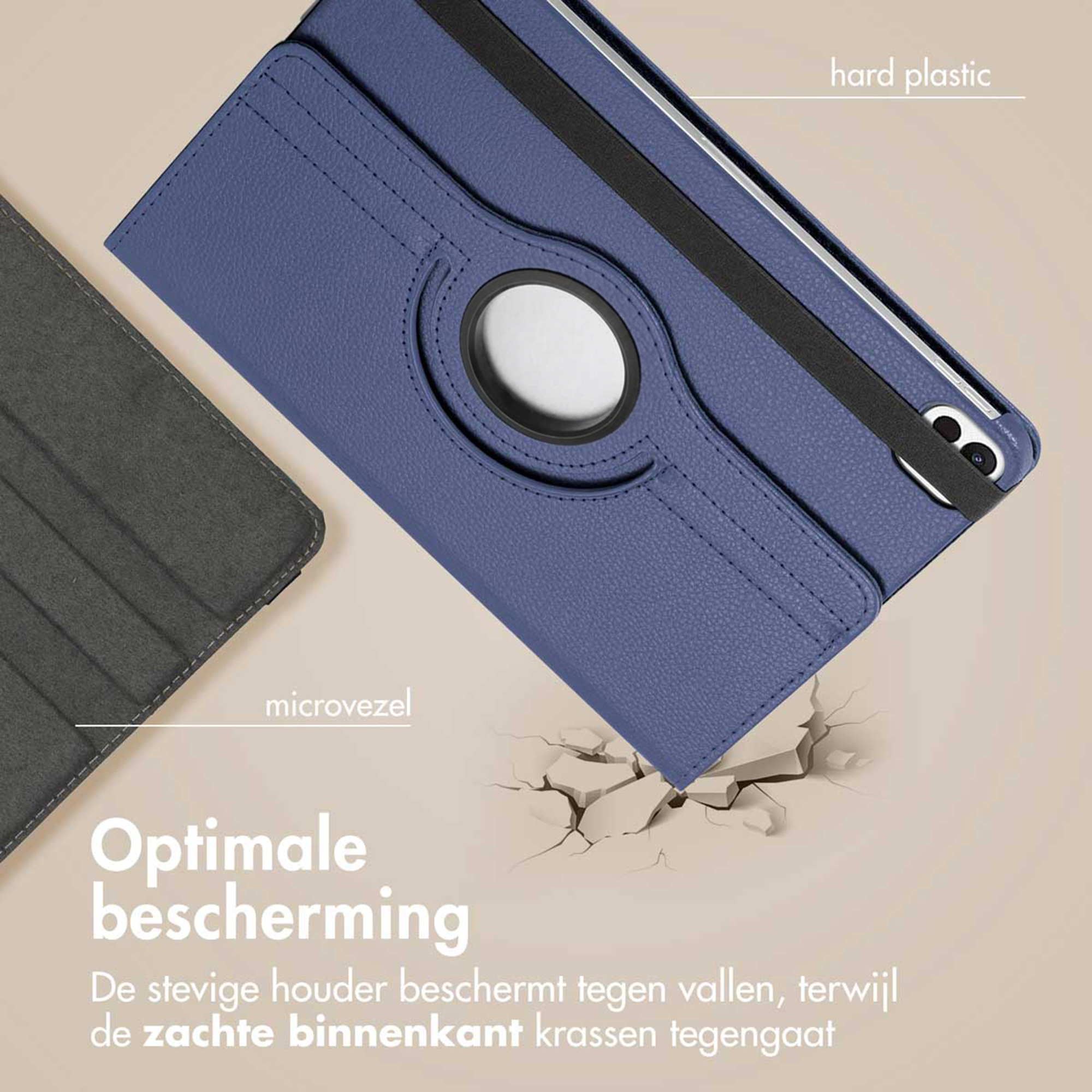 Blauw tablethoes met microvezel voering en hard plastic achterkant.