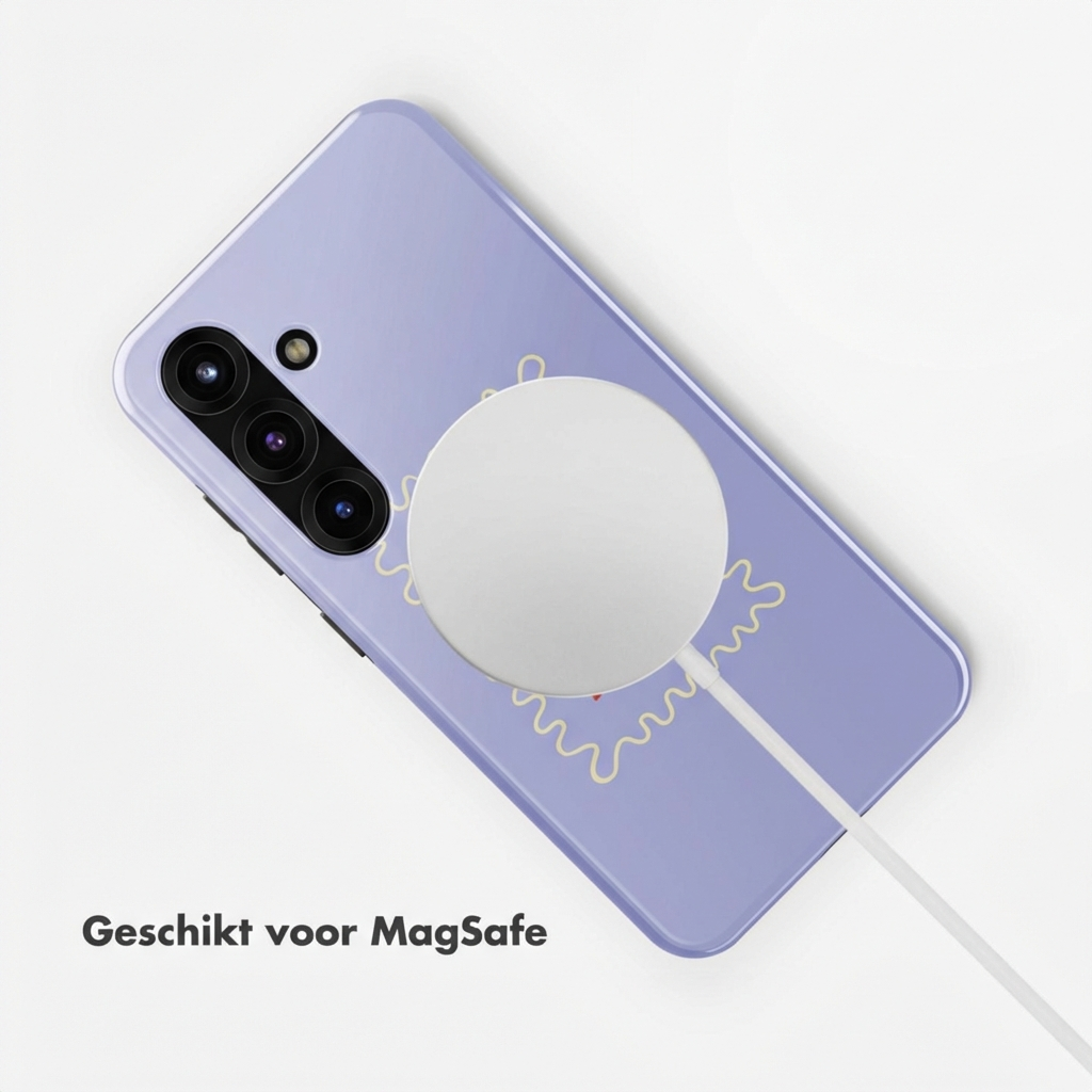Een paarse smartphone met MagSafe-oplader en kabel.