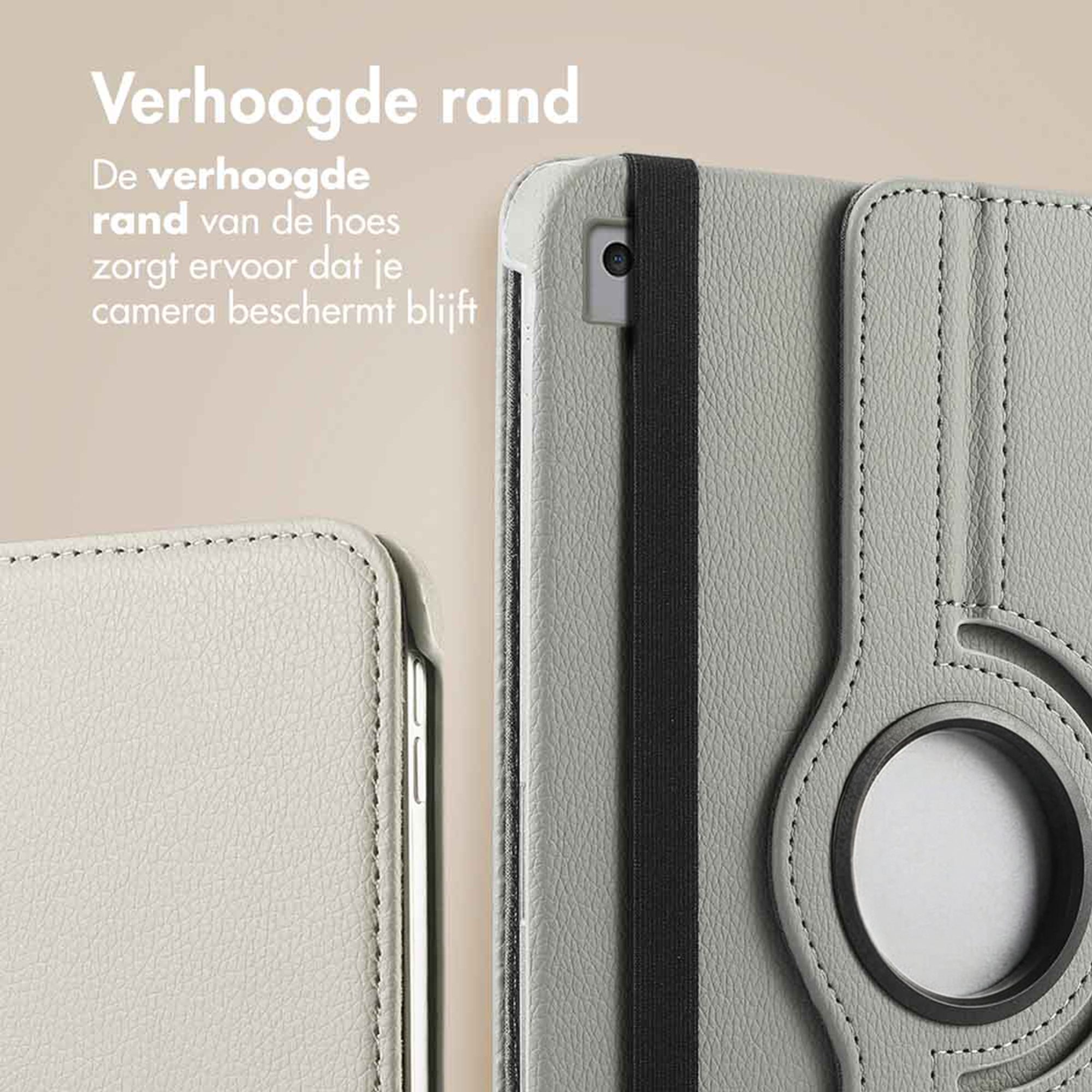 Grijze tablethoes met verhoogde rand die de camera beschermt.