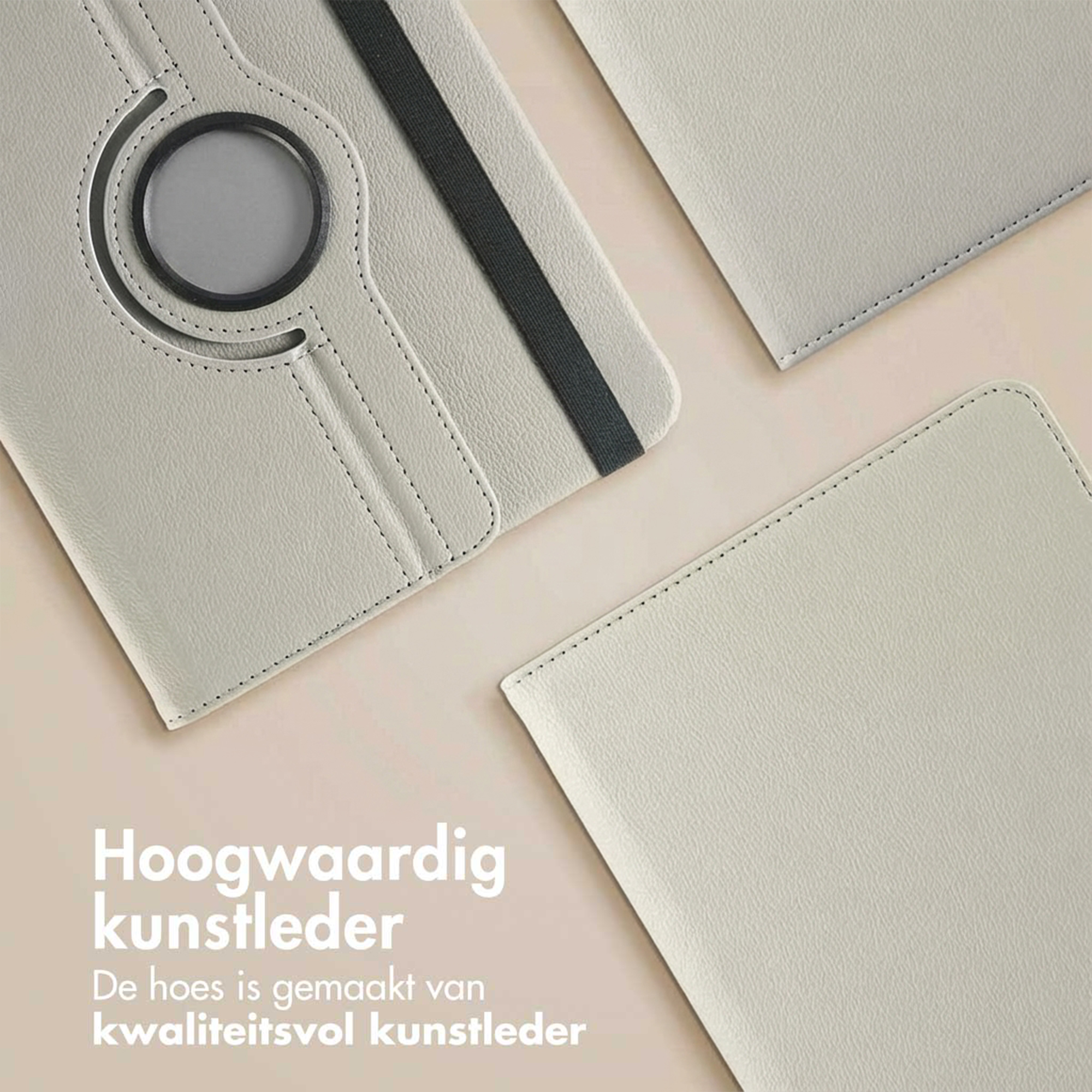 Grijze kunstlederen hoes met zwart elastiek en draaisluiting.