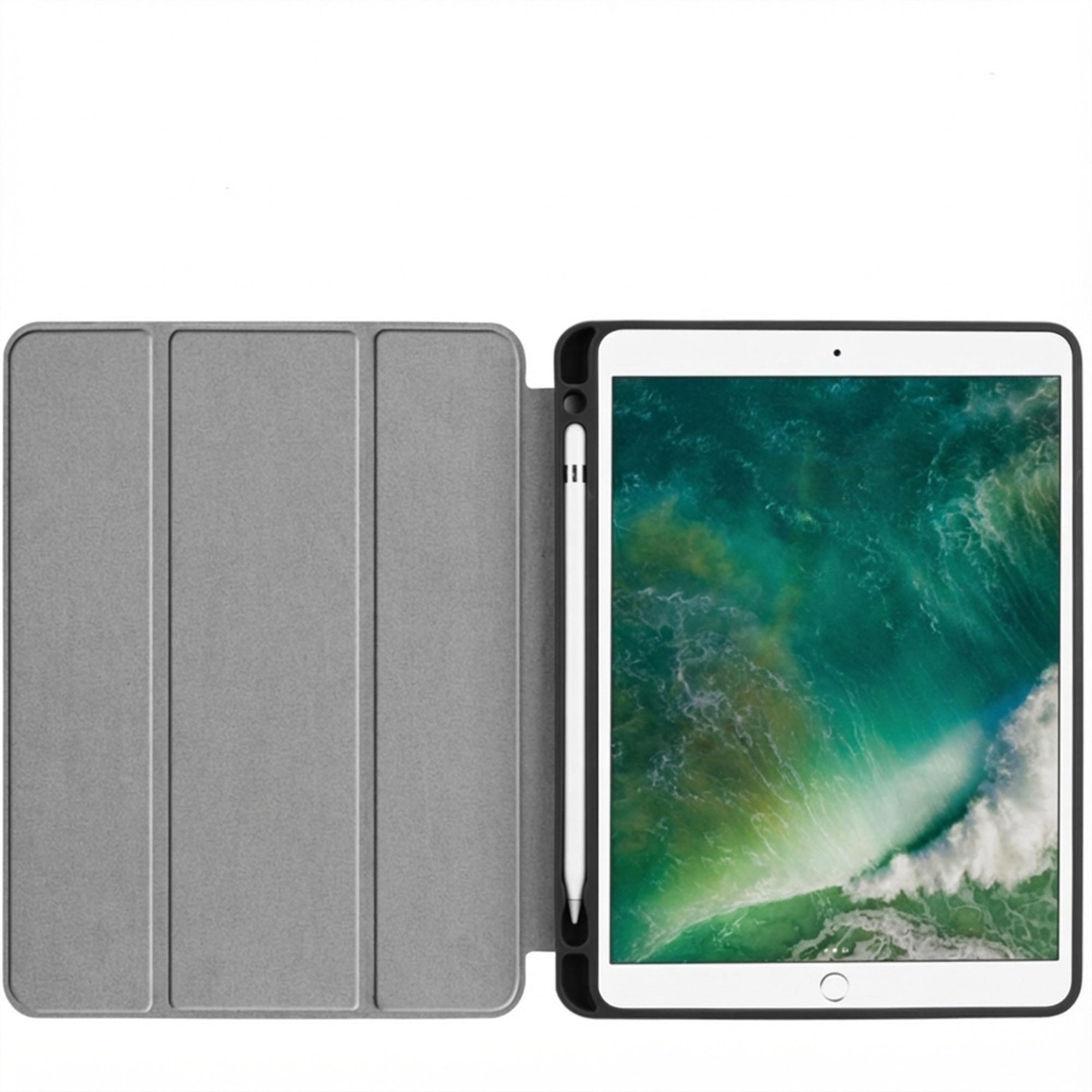 Een tablet met een grijze vouwbare hoes en penhouder.