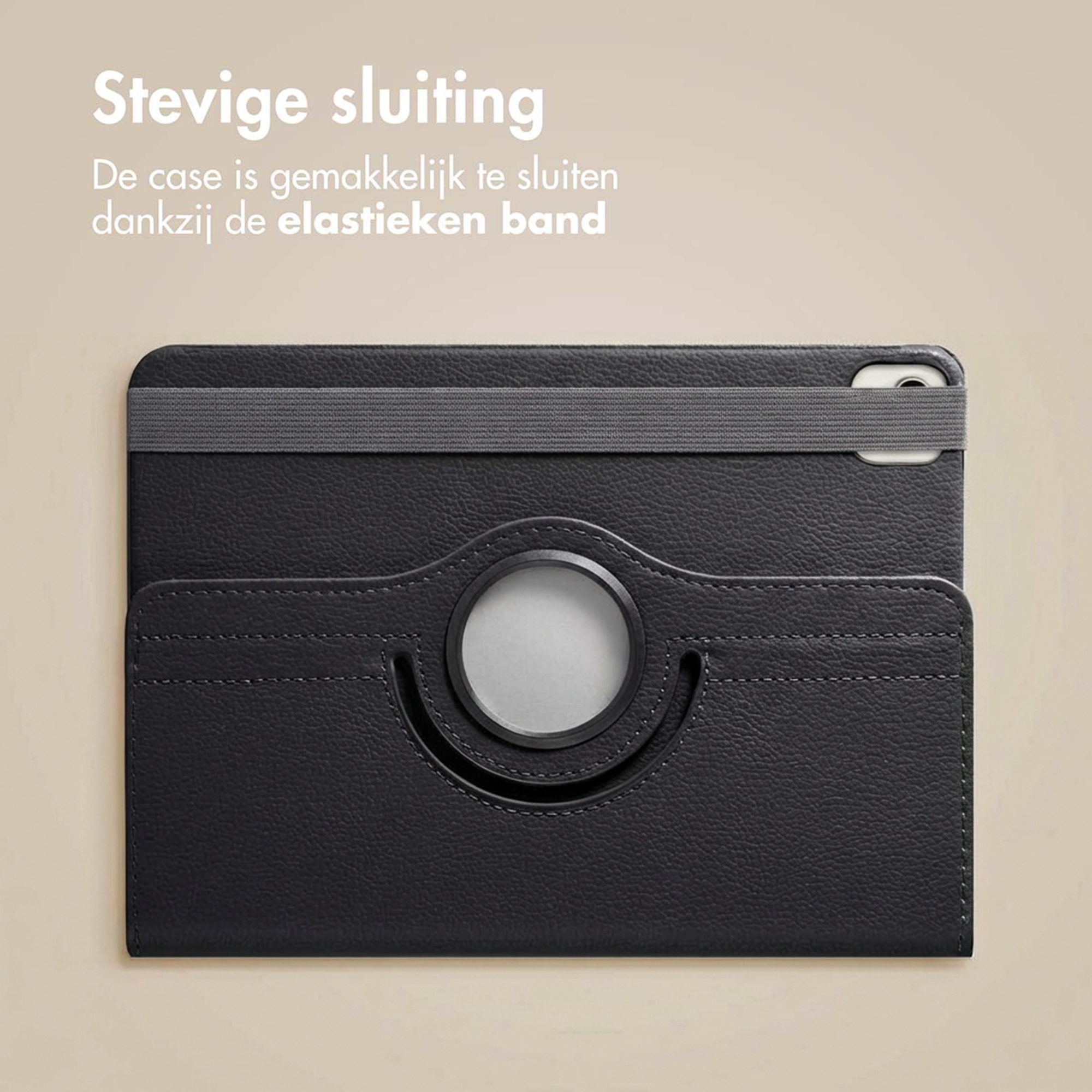 Black tablet case with elastic strap and rotating ring.