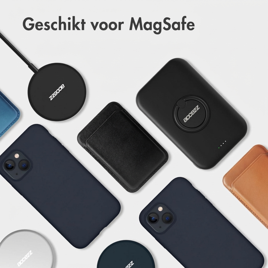 Accessoires MagSafe : chargeurs, coques, porte-cartes noirs, bleus, marron.