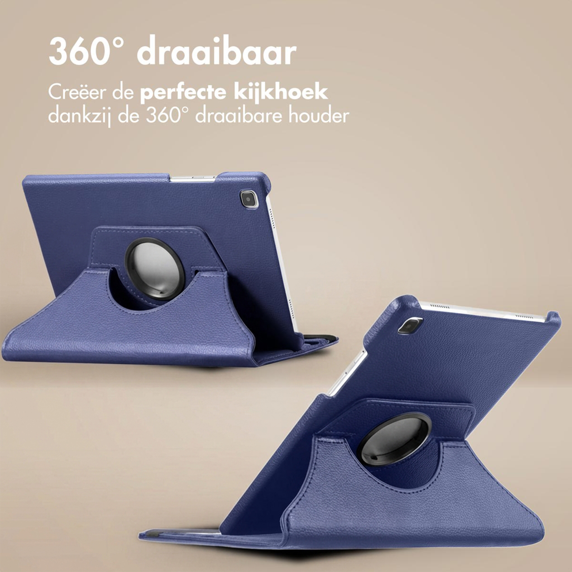 Een blauwe tablethoes met een 360 graden draaibare tablet.