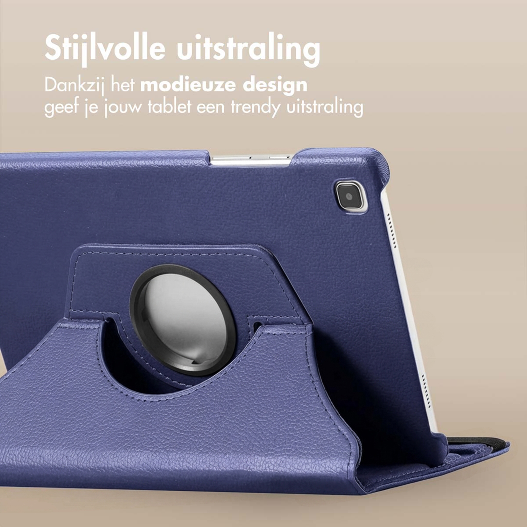 Blauw tablethoes met draaibare standaard en camera-uitsparing.