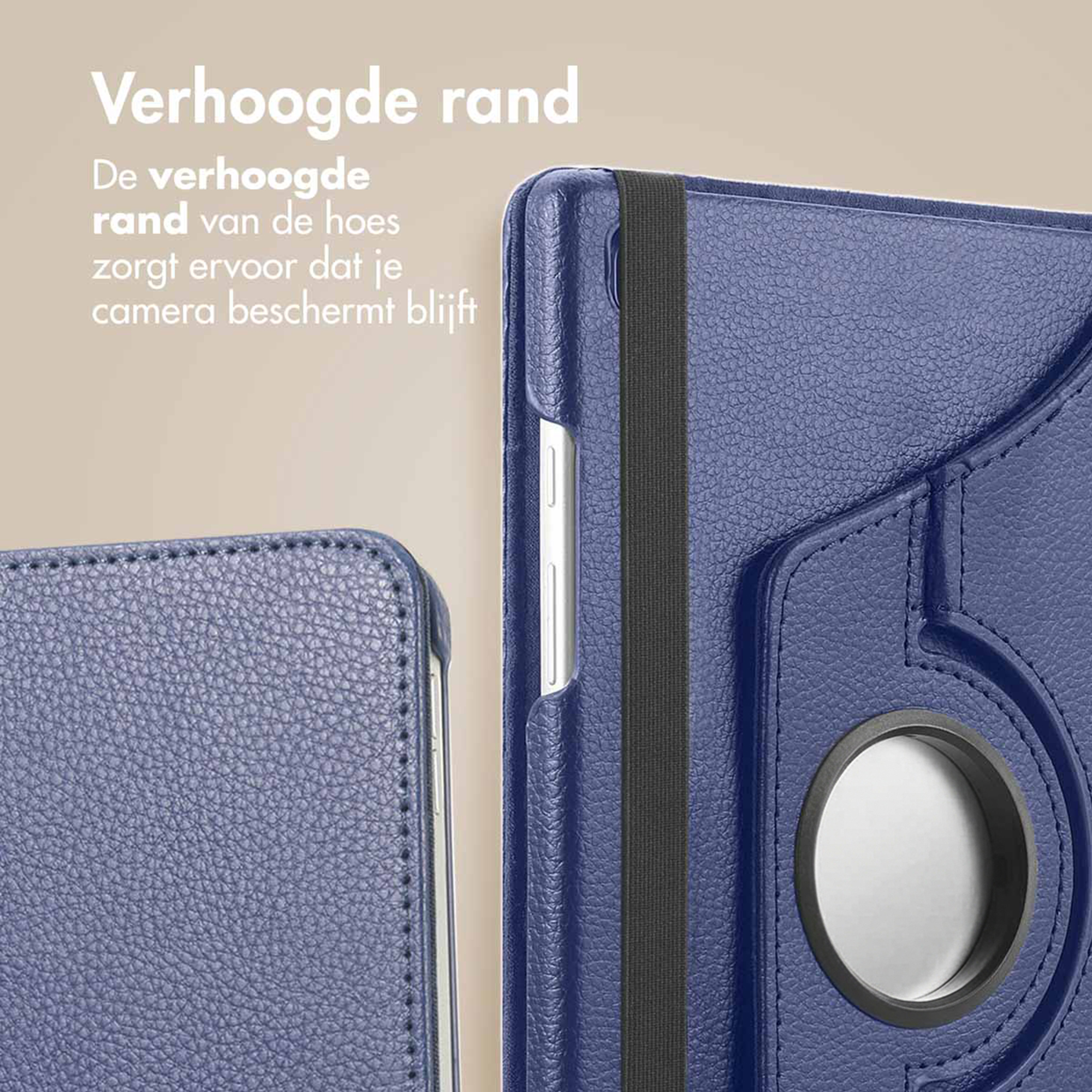 Donkerblauwe tablethoes met verhoogde rand en elastische band.
