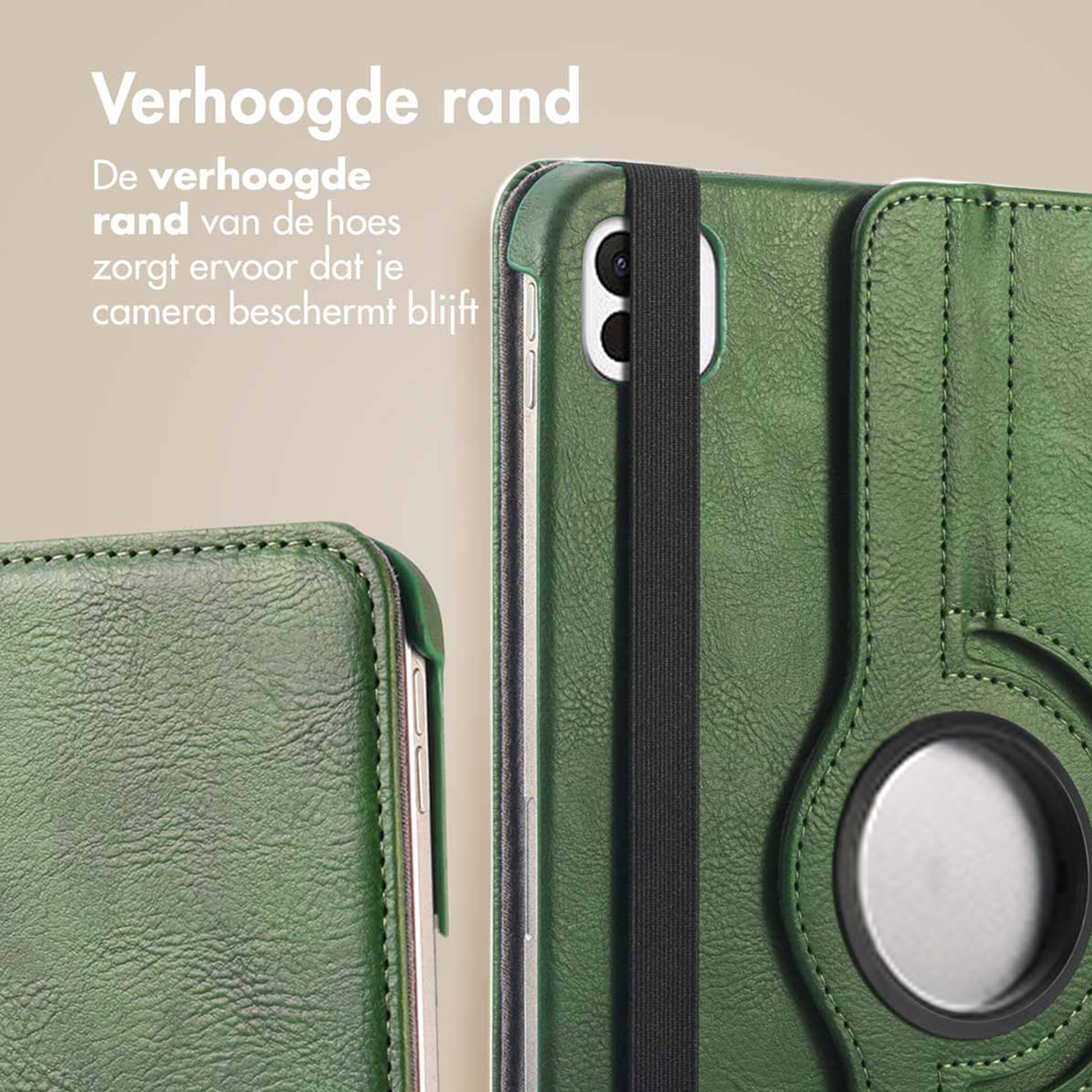 Green phone cover with raised edge and strap. Camera view.