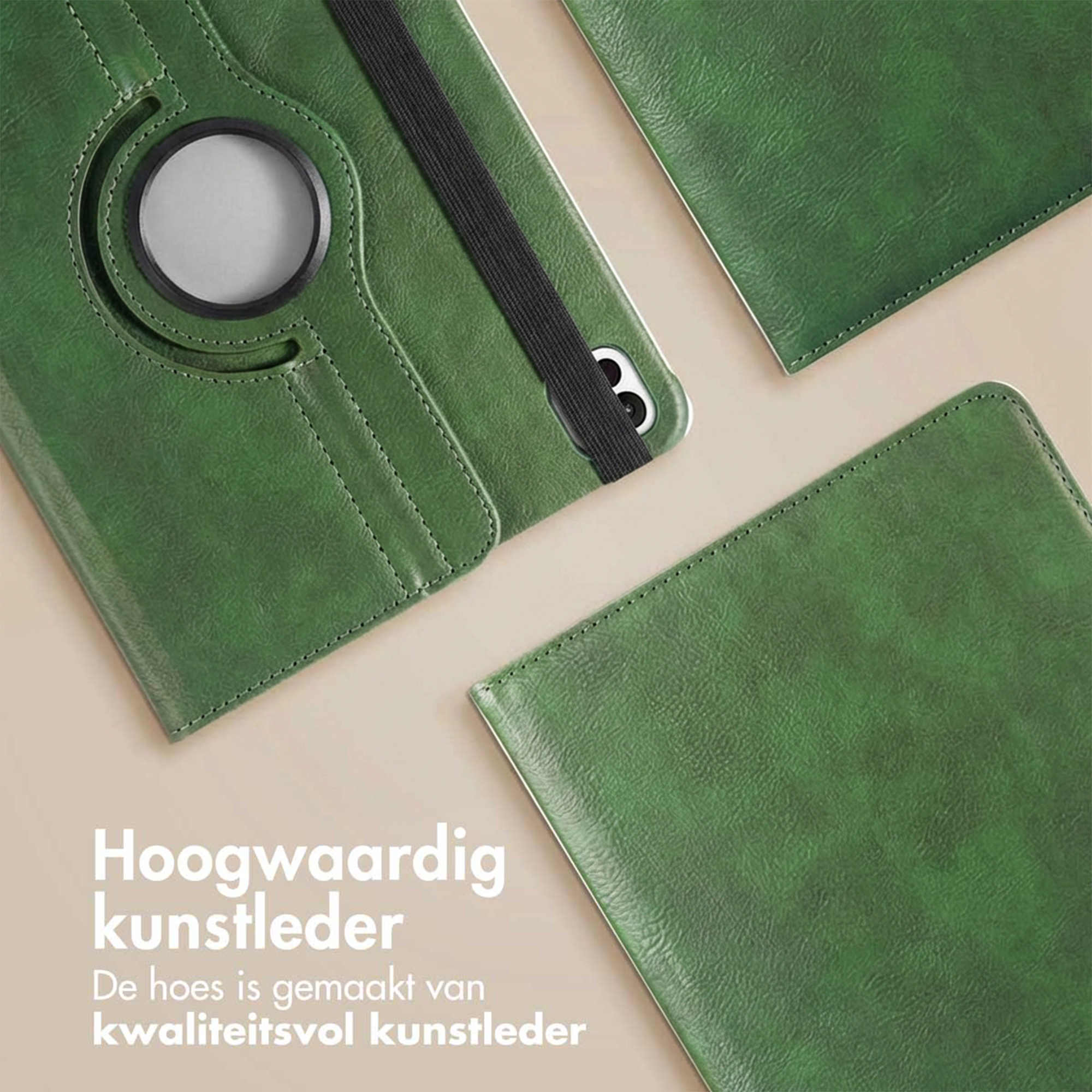 Green faux leather flip case with camera cutout and elastic band.