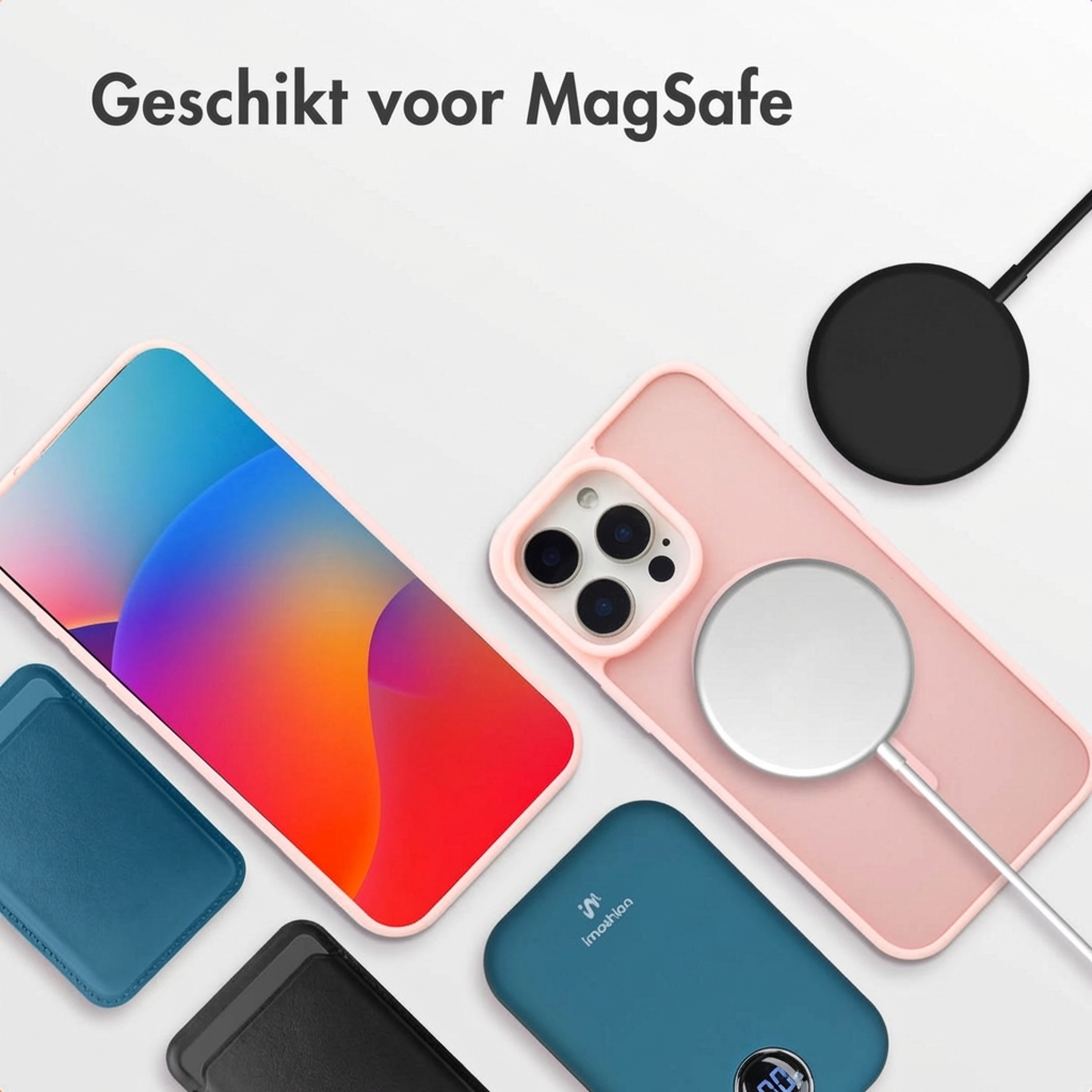 Een roze iPhone hoes met MagSafe lader, powerbank en kaarthouder.