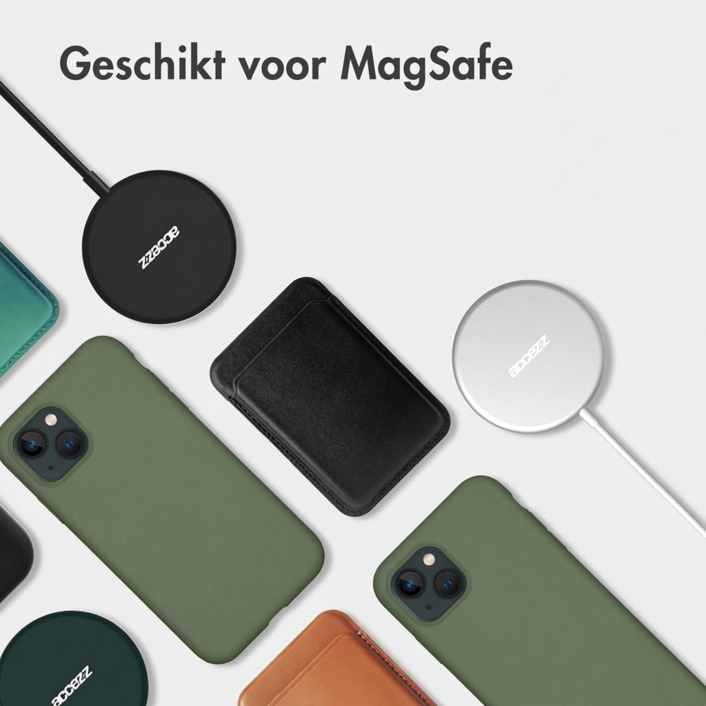 Groene iPhone-hoesjes, zwarte en zilveren MagSafe-laders, lederen etui.