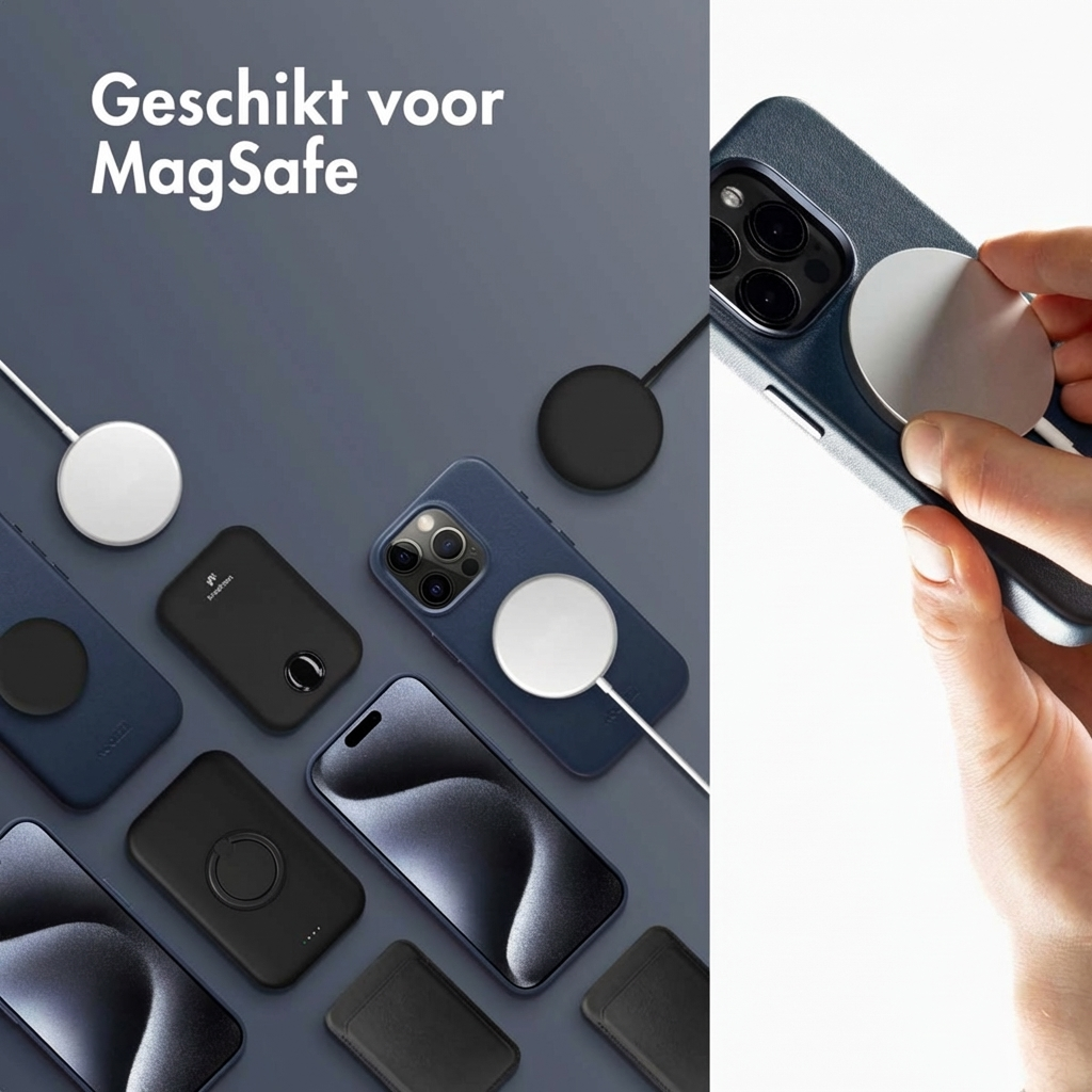 MagSafe-kompatible iPhones mit Ladezubehör auf einem grauen Hintergrund.