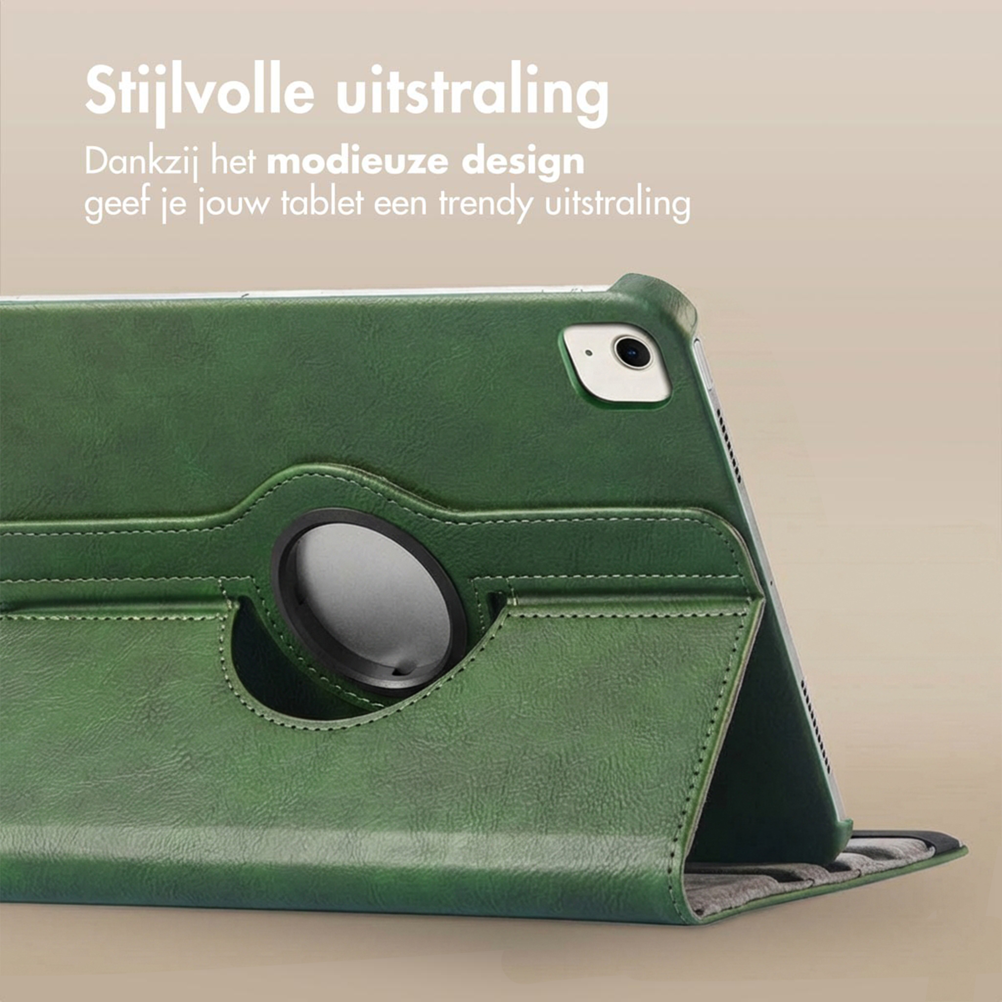Green tablet case with a swivel knob and camera cutout.