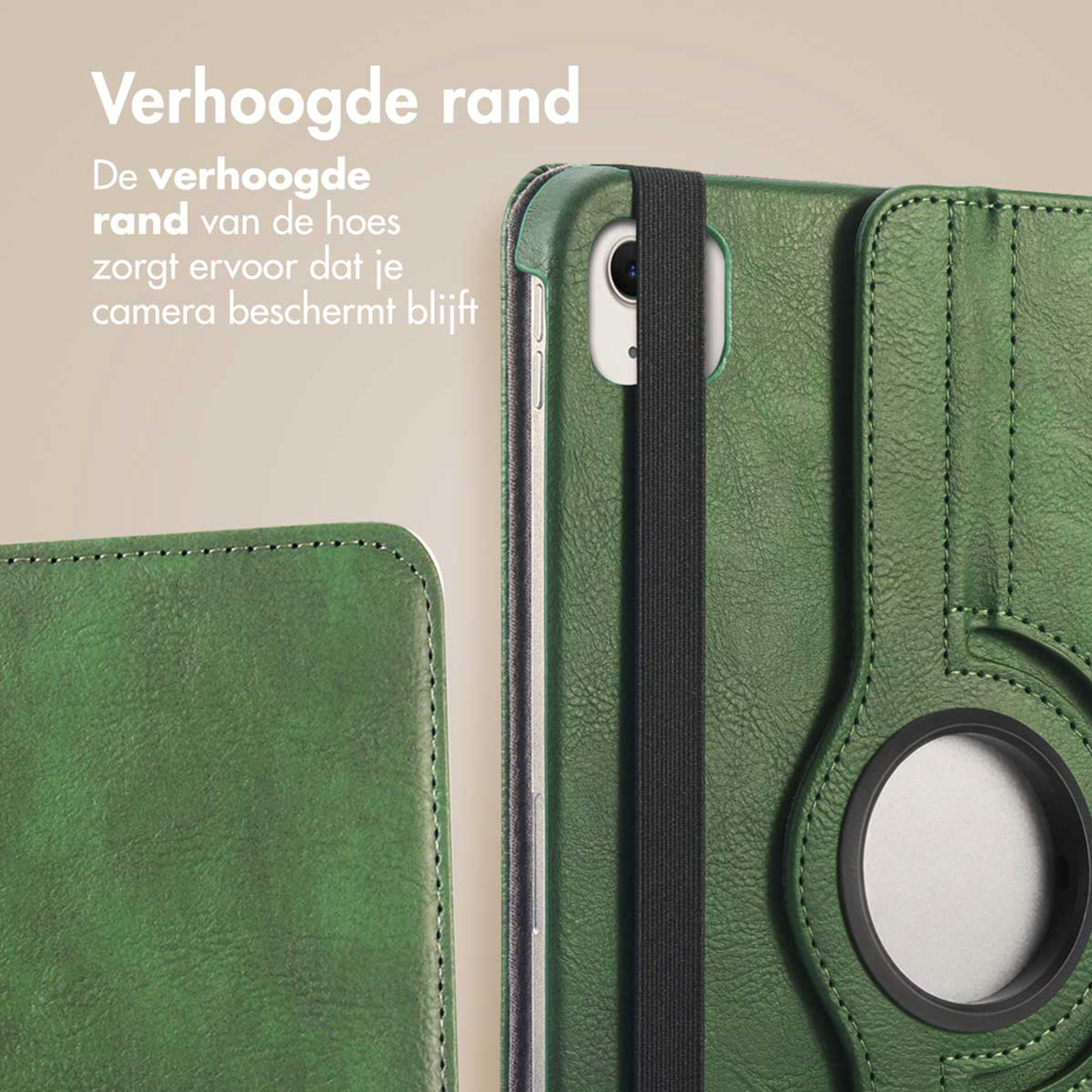 Green phone case with raised edge and black elastic band. Shows camera opening.
