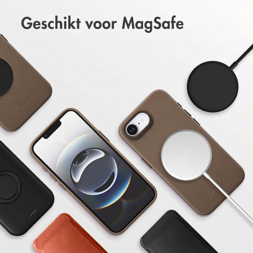 Bruine telefoonhoesjes met MagSafe-laders en een iPhone.