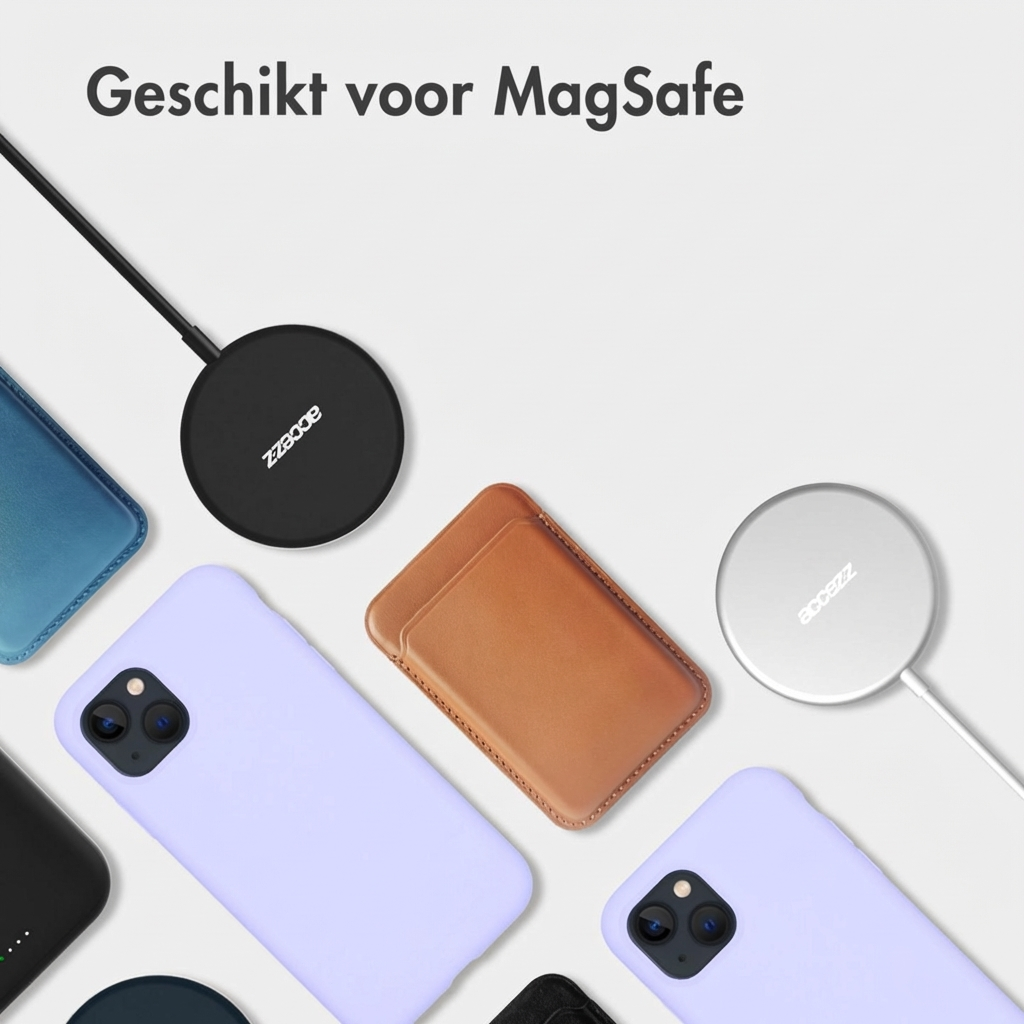 iPhone-hoesjes in paars, blauw en bruin, met MagSafe-laders.