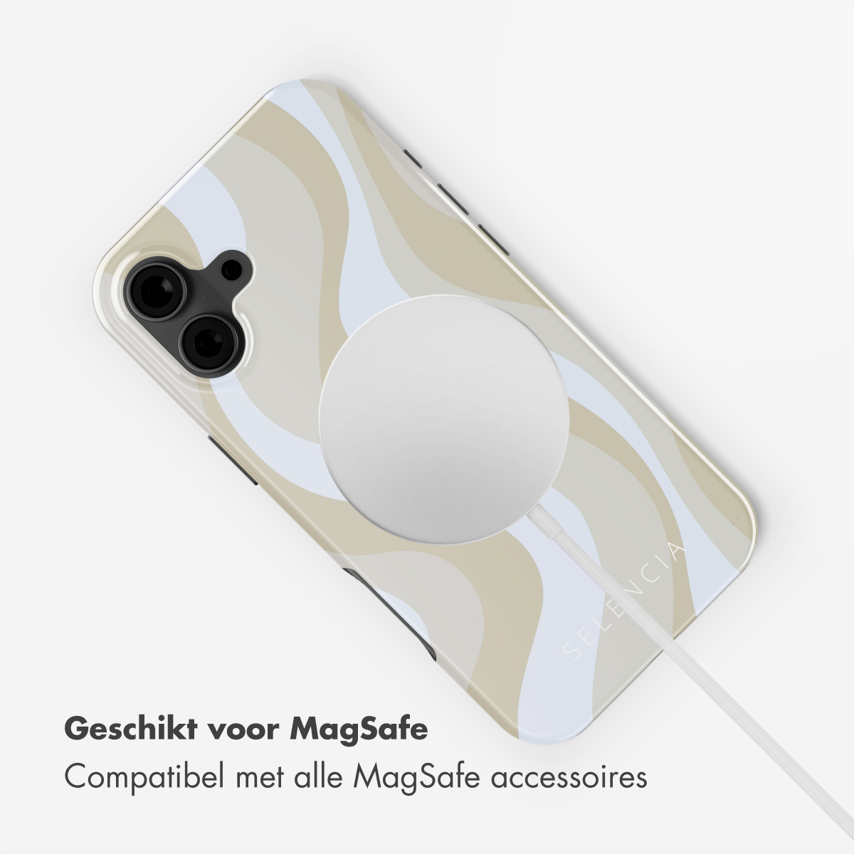 Una cover per telefono con motivo a onde beige e blu, compatibile MagSafe.