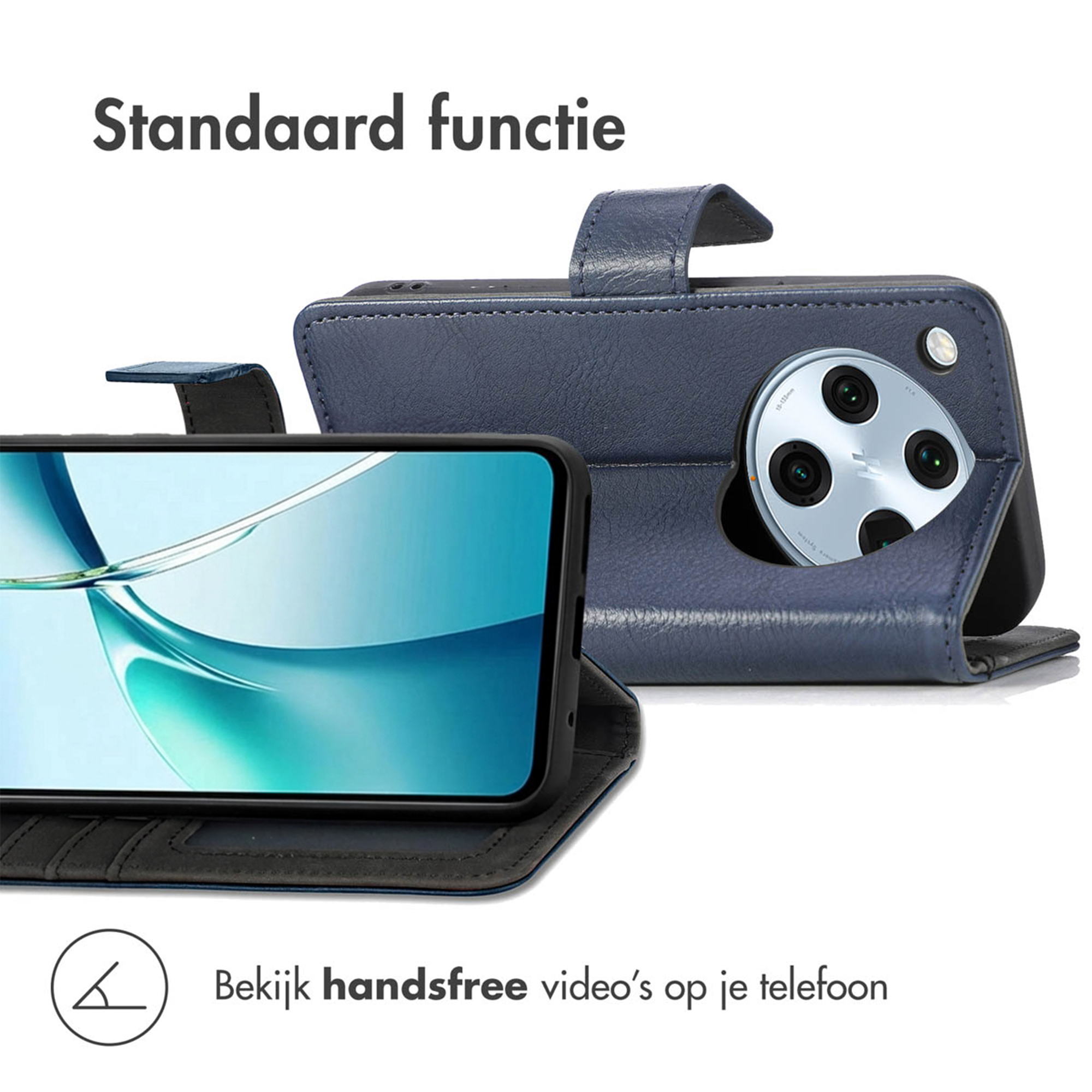 Un étui en cuir bleu foncé pour téléphone, présenté en position de support.