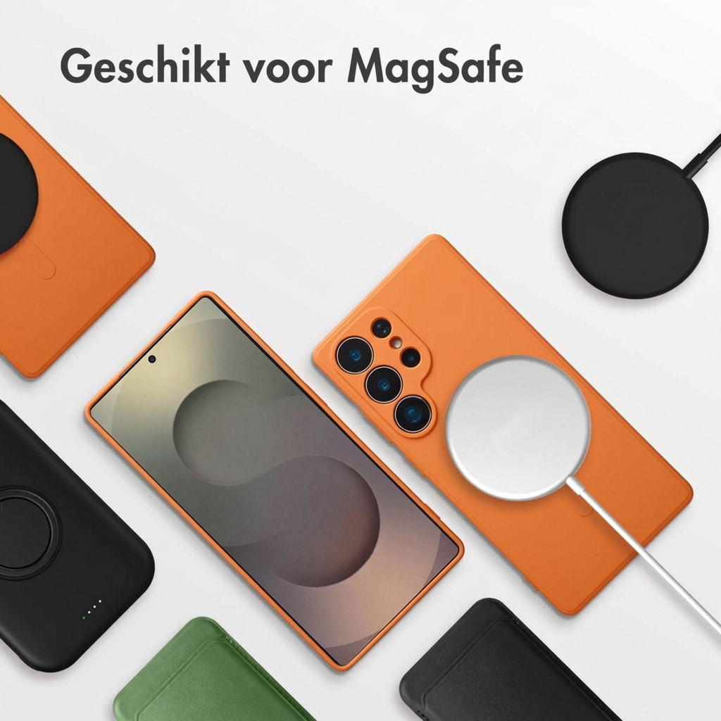 Oranje smartphone met MagSafe oplader, oplaadkabel en accessoires.