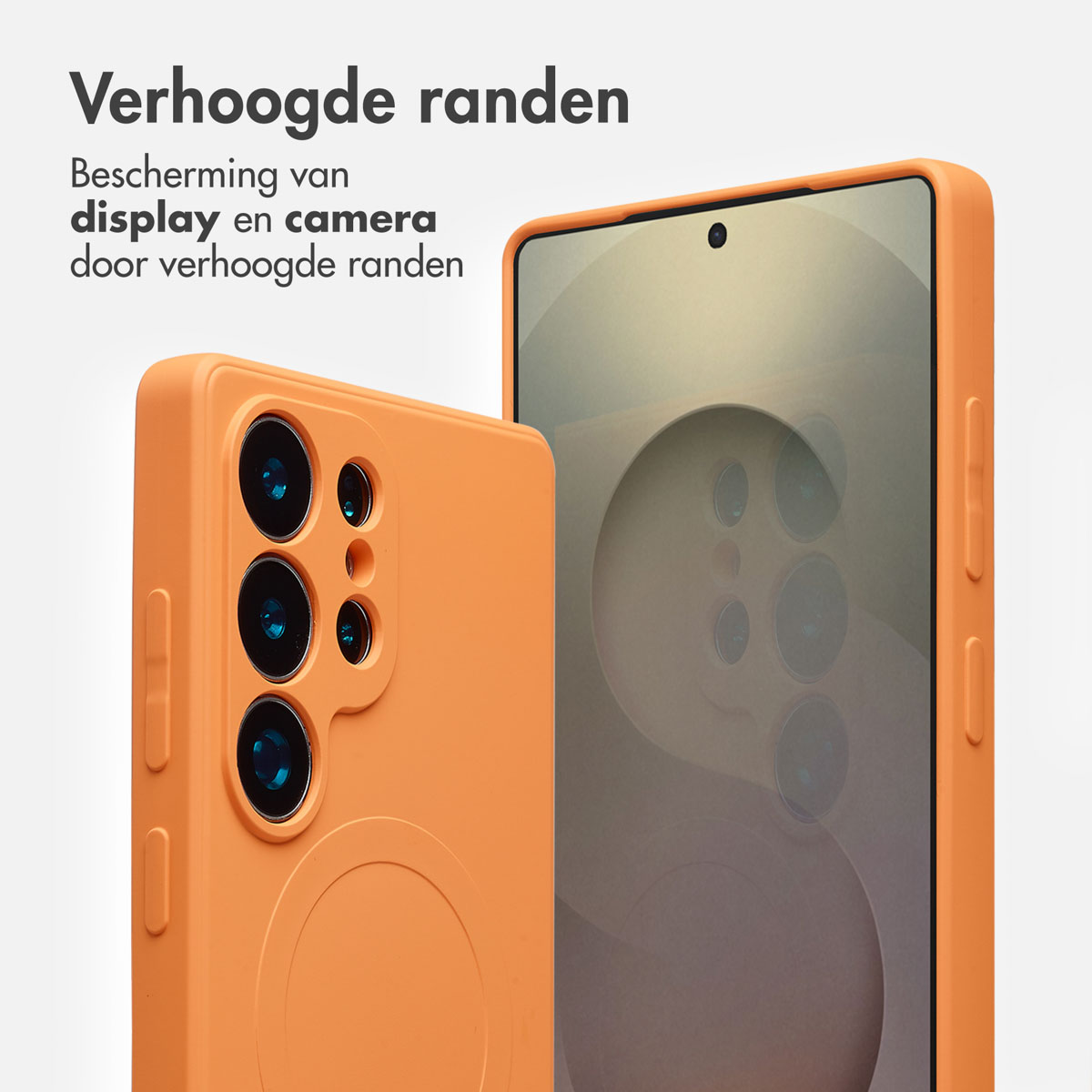 Oranje telefoonhoes met verhoogde randen beschermt scherm en camera.