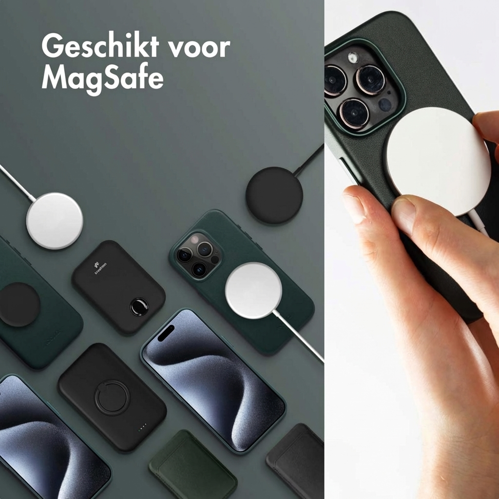Weiße und schwarze MagSafe-Ladegeräte und iPhones auf grauem Hintergrund.