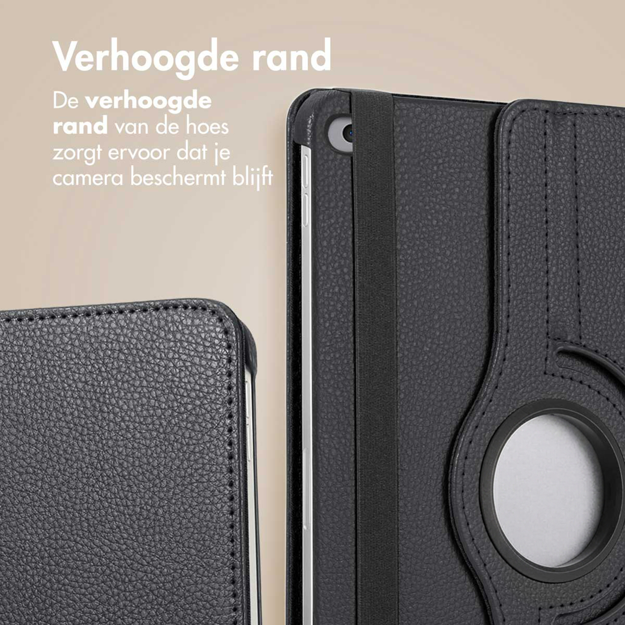 Black case with raised edge for camera protection and an elastic strap.