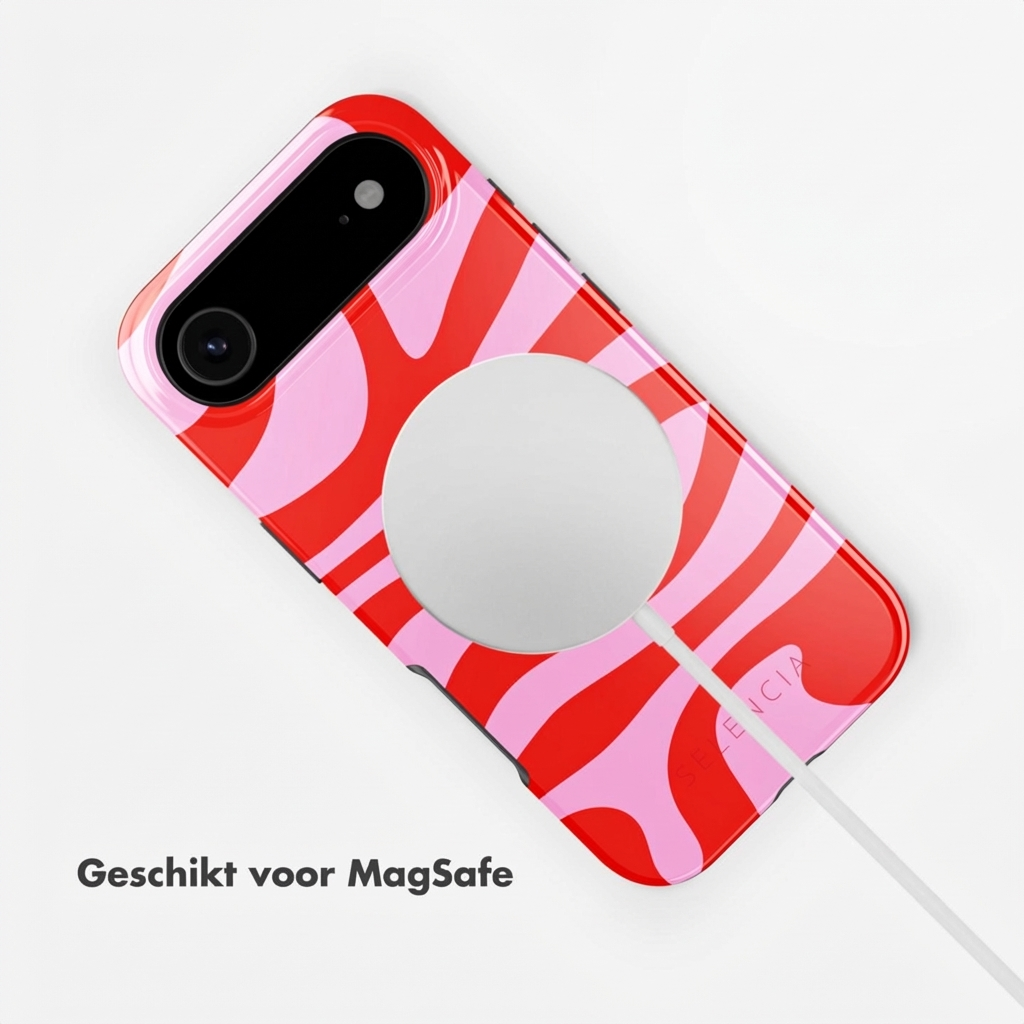 Telefoonhoesje met rood en roze golvend patroon met MagSafe oplader.