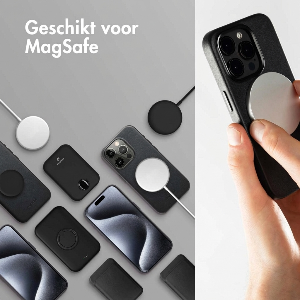 Diverse MagSafe-kompatible Ladezubehörteile und iPhones liegen auf einem grauen Hintergrund.