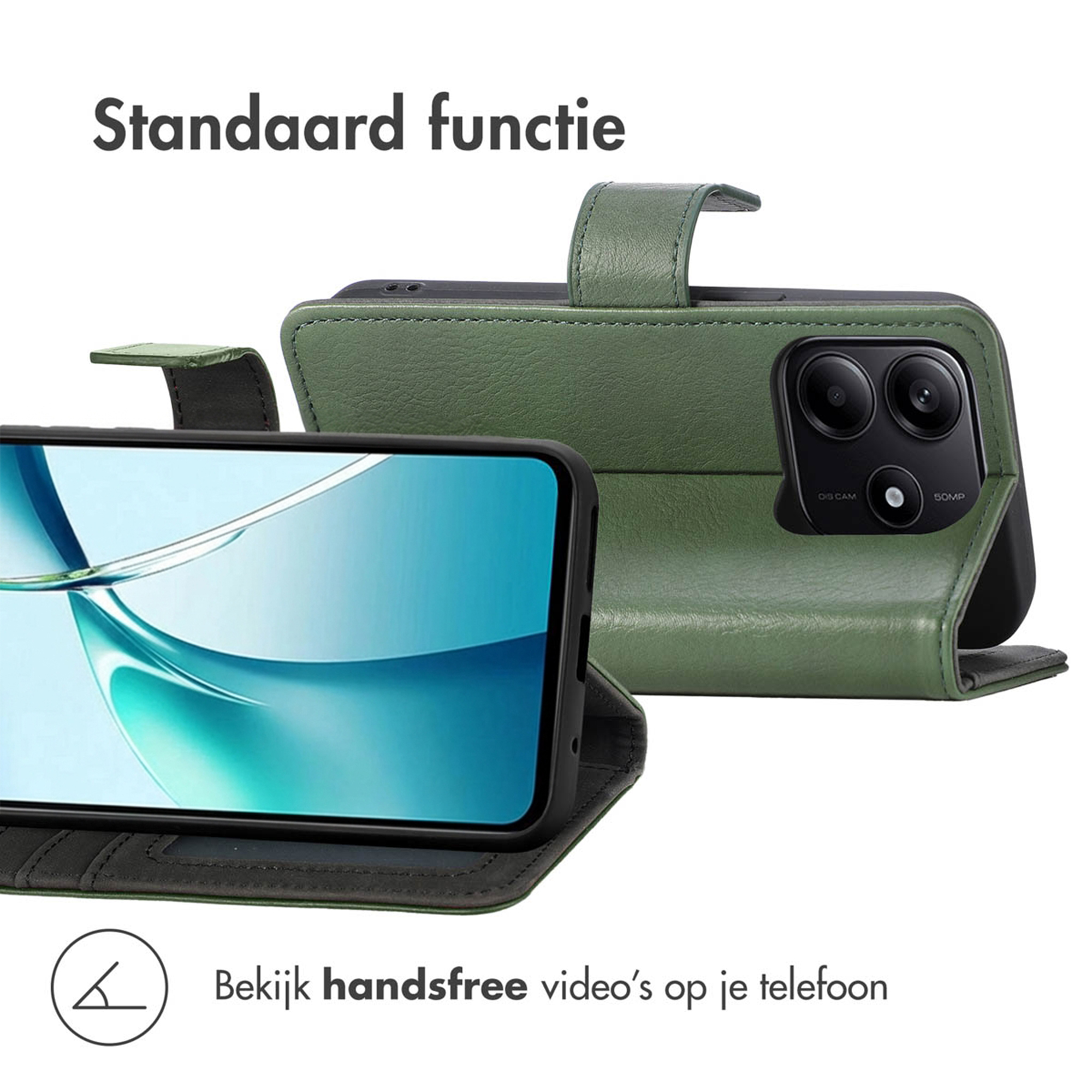 Groene telefoonhoes met standaardfunctie en camera.