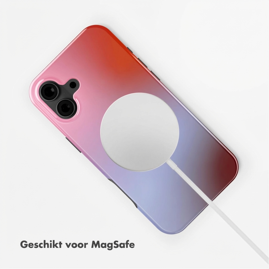 Uno smartphone con gradiente di colore e caricatore MagSafe su sfondo bianco.