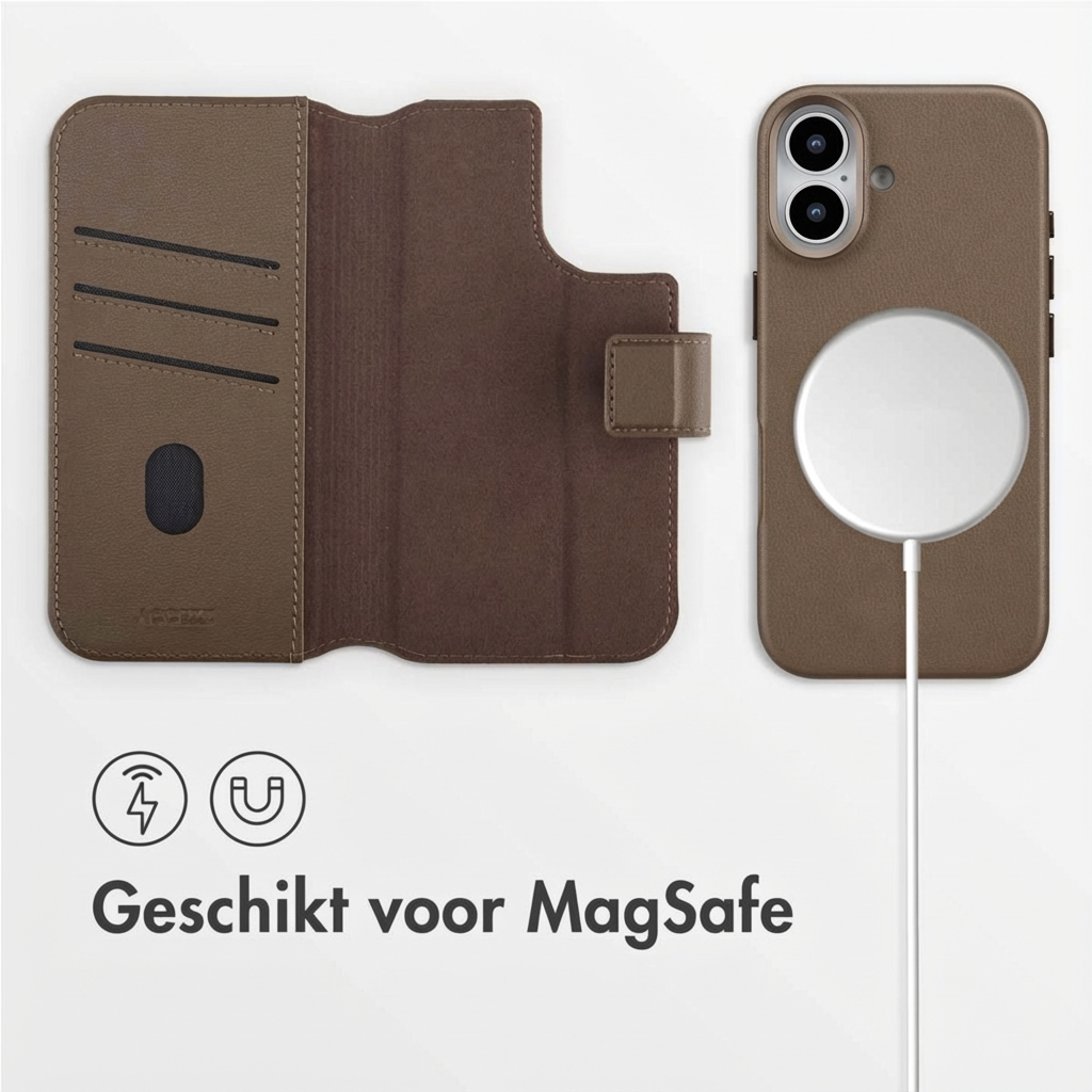 Bruine telefoonhoes met kaarthouders en MagSafe oplaadkabel.