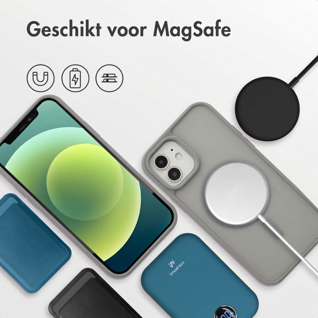 iPhone met MagSafe accessoires: lader, hoesje, powerbank.