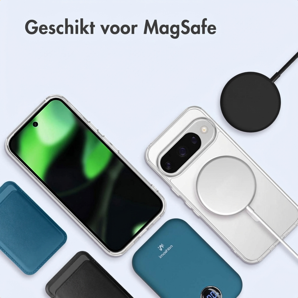 Een smartphone met MagSafe hoesje, oplaadkabel en powerbank.