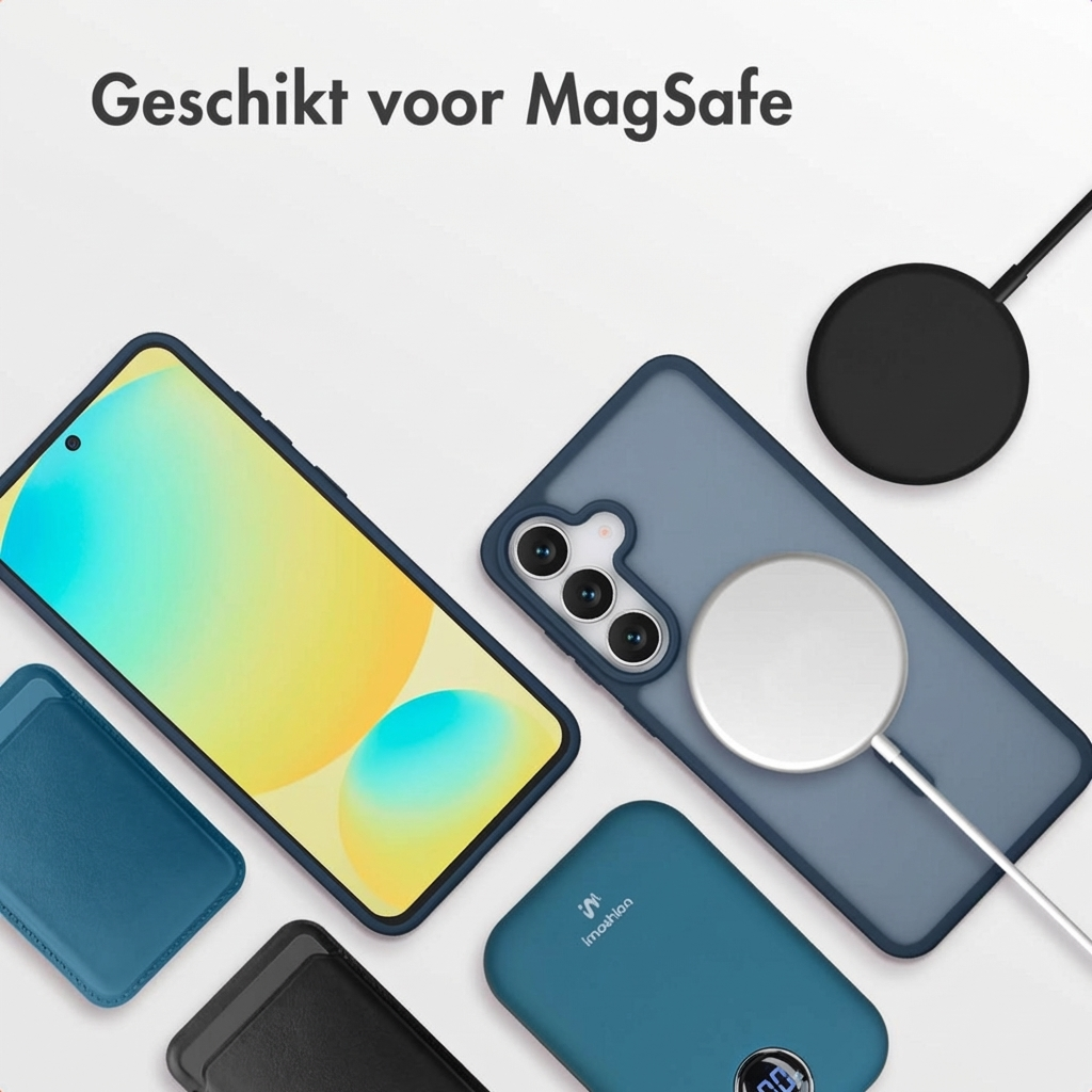 Een smartphone met hoesje, MagSafe lader en powerbank.