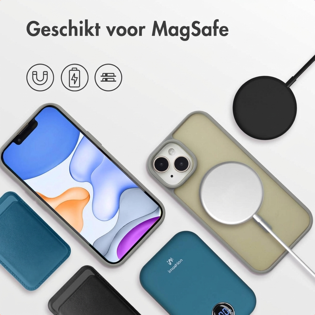 iPhone with MagSafe accessories: phone, case, wallet, charger, power bank.
