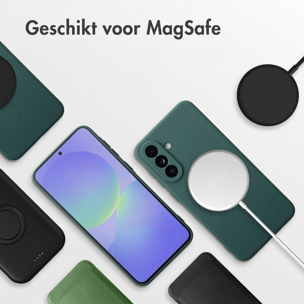 Coques de téléphone et chargeurs MagSafe sur fond blanc.