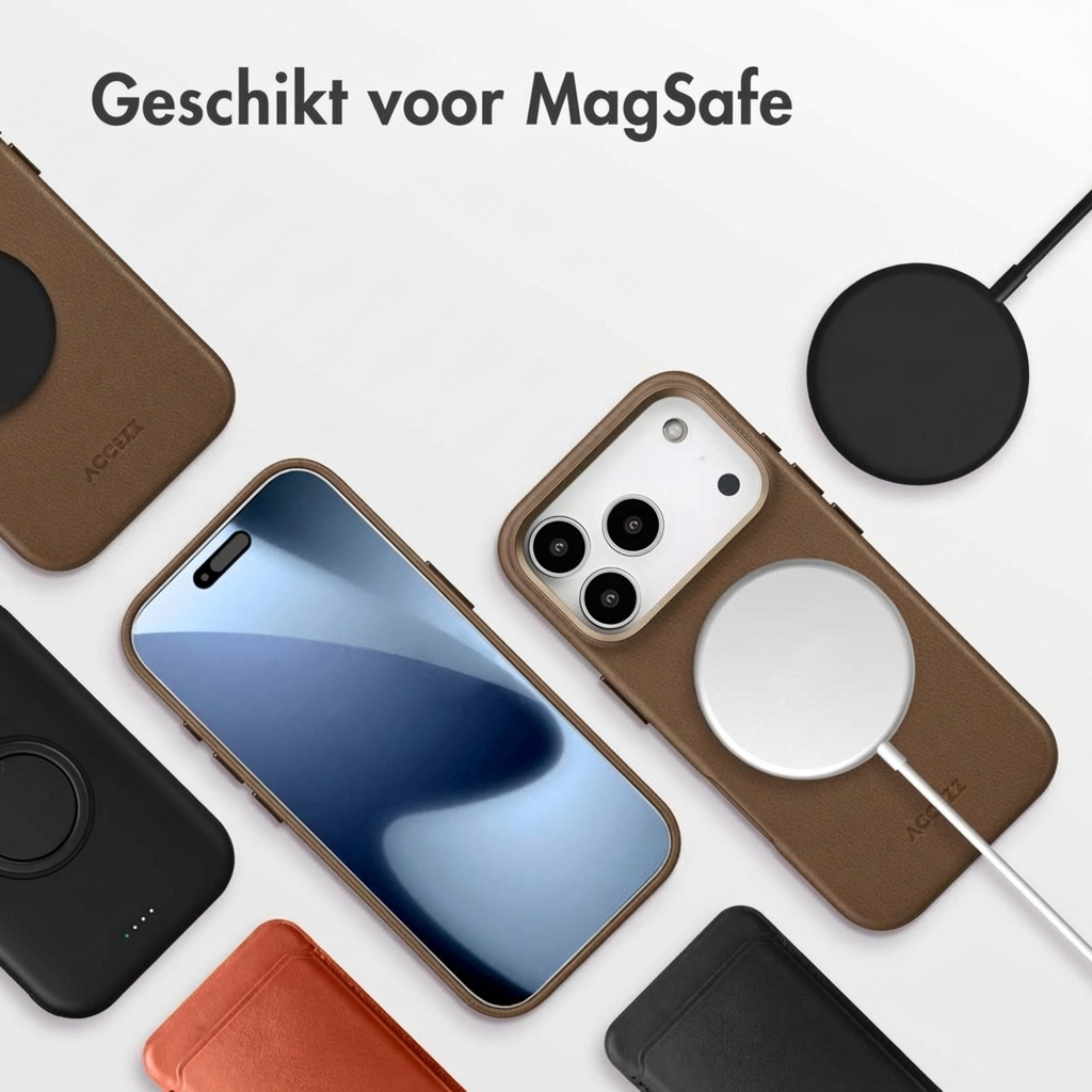 Coques de téléphone marron et noires avec chargeurs MagSafe et un iPhone.